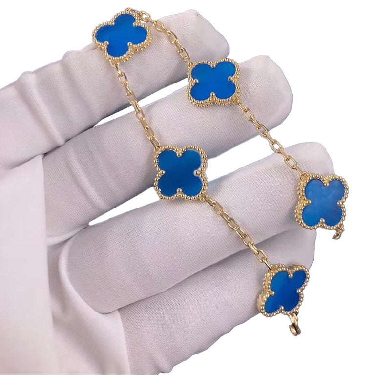 Van Cleef and Arpels 18K Yellow Gold Blue Agate 5 Motifs Vintage Bracelet  at 1stDibs | van cleef alhambra bracelet