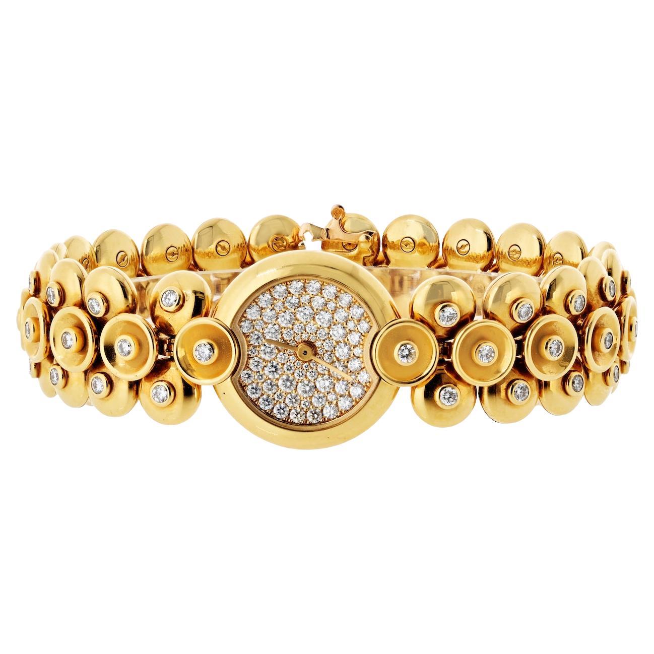 Van Cleef & Arpels 18K Yellow Gold Bouton D'or Medium Model Diamond Dial Watch