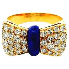 Van Cleef & Arpels 18K Yellow Gold Bow Pave Blue Emerald Strip Ring