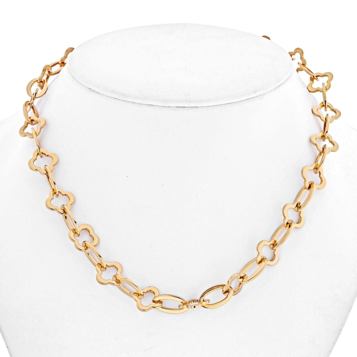 Easy to wear yellow gold chain necklace that comes to us from the famouse Paris house of Van Cleef & Arpels. 
An 18 karat yellow gold Byzantine Alhambra 16 inch chain necklace, circa 1990. Designed as a series of polished gold openwork Alhambra