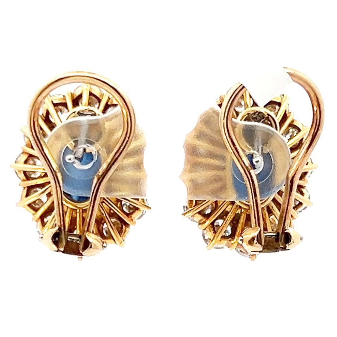 Retro Van Cleef & Arpels 18K Yellow Gold Cabochon Blue Sapphire And Diamond Earrings For Sale