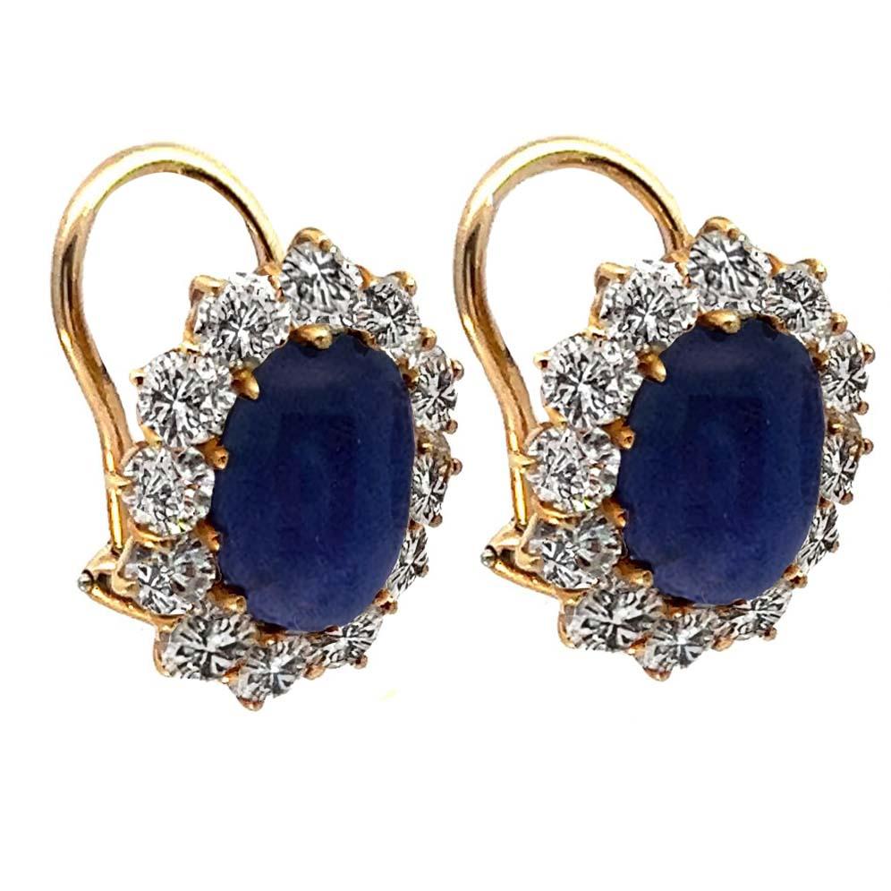Van Cleef & Arpels 18K Yellow Gold Cabochon Blue Sapphire And Diamond Earrings In Excellent Condition For Sale In Beverly Hills, CA