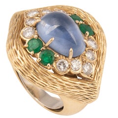 Van Cleef & Arpels 18k Yellow Gold Cabochon Sapphire Diamond and Emerald Ring