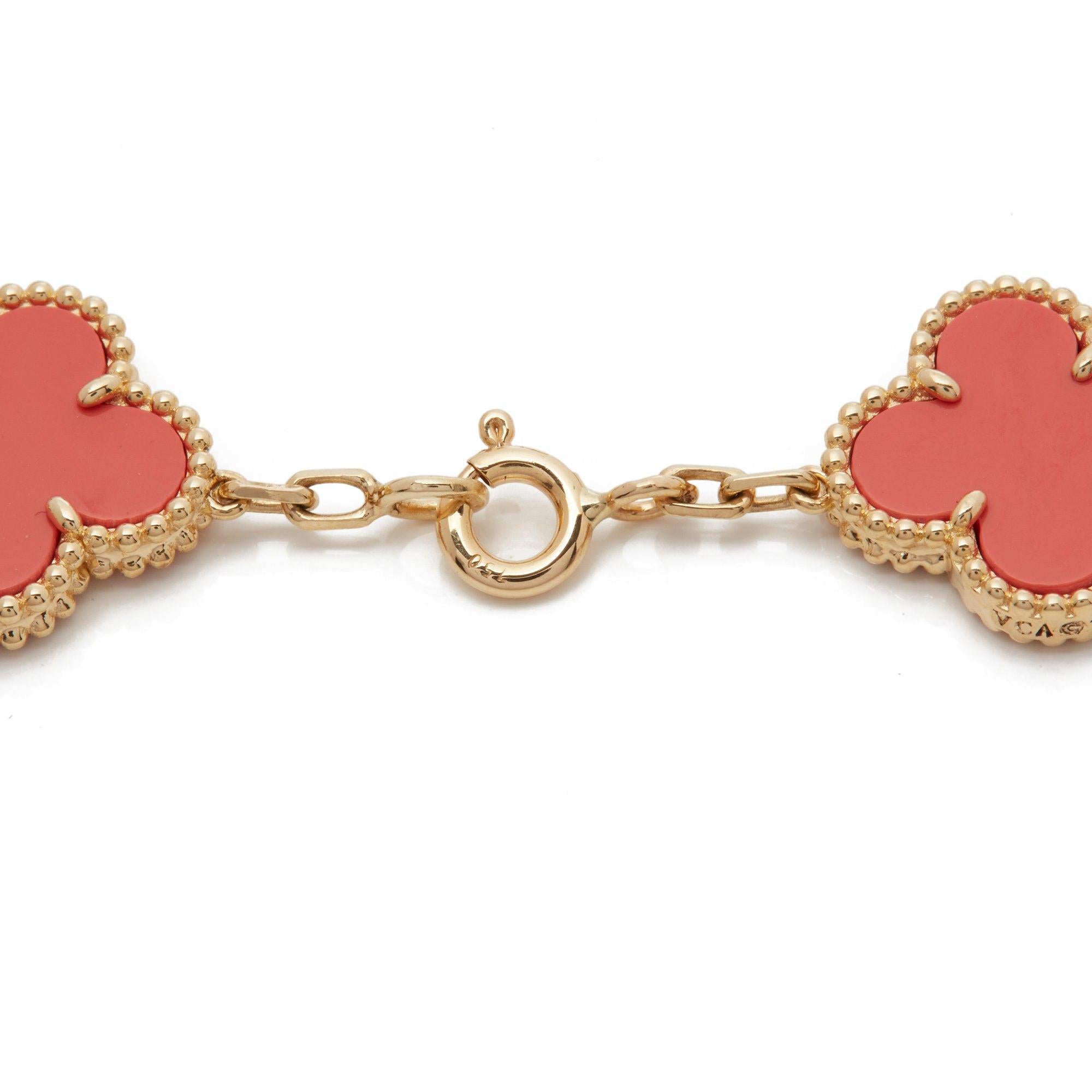 This Bracelet by Van Cleef and Arpels is from their Signature Alhambra collection. Set with Five Clover Motif Pink Coral Sections each measuring 14.94mm in Diameter. Mounted in 18k Yellow Gold. Complete with Valuation Certificate Dated 04.02.2008