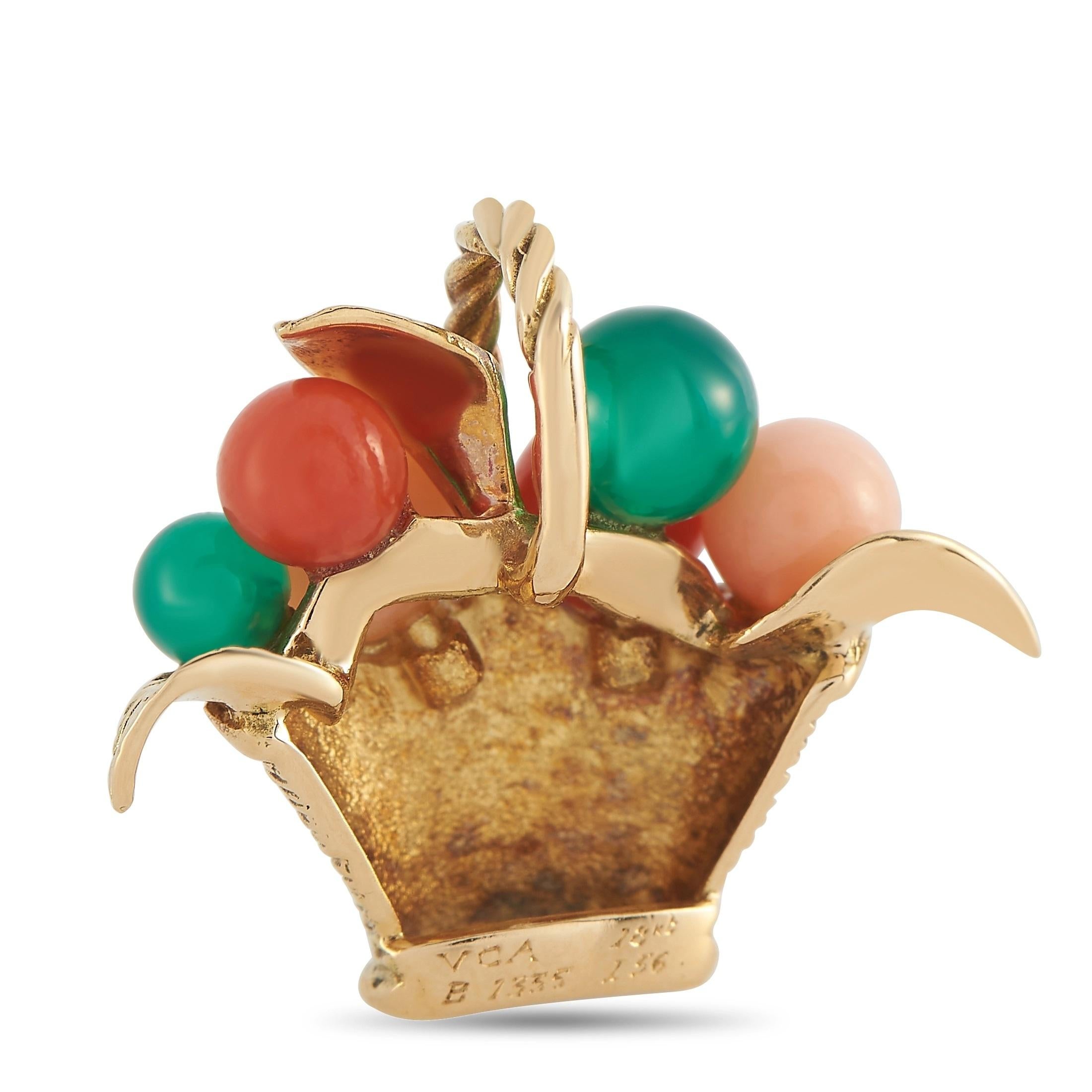 Although this Van Cleef & Arpels measures only 0.65” long and 0.88” wide, it’s charming beyond measure. An 18K Yellow Gold basket and leaves add a touch of luxury to this impeccable vintage charm, but it’s the Coral and Chrysoprase orbs that infuse