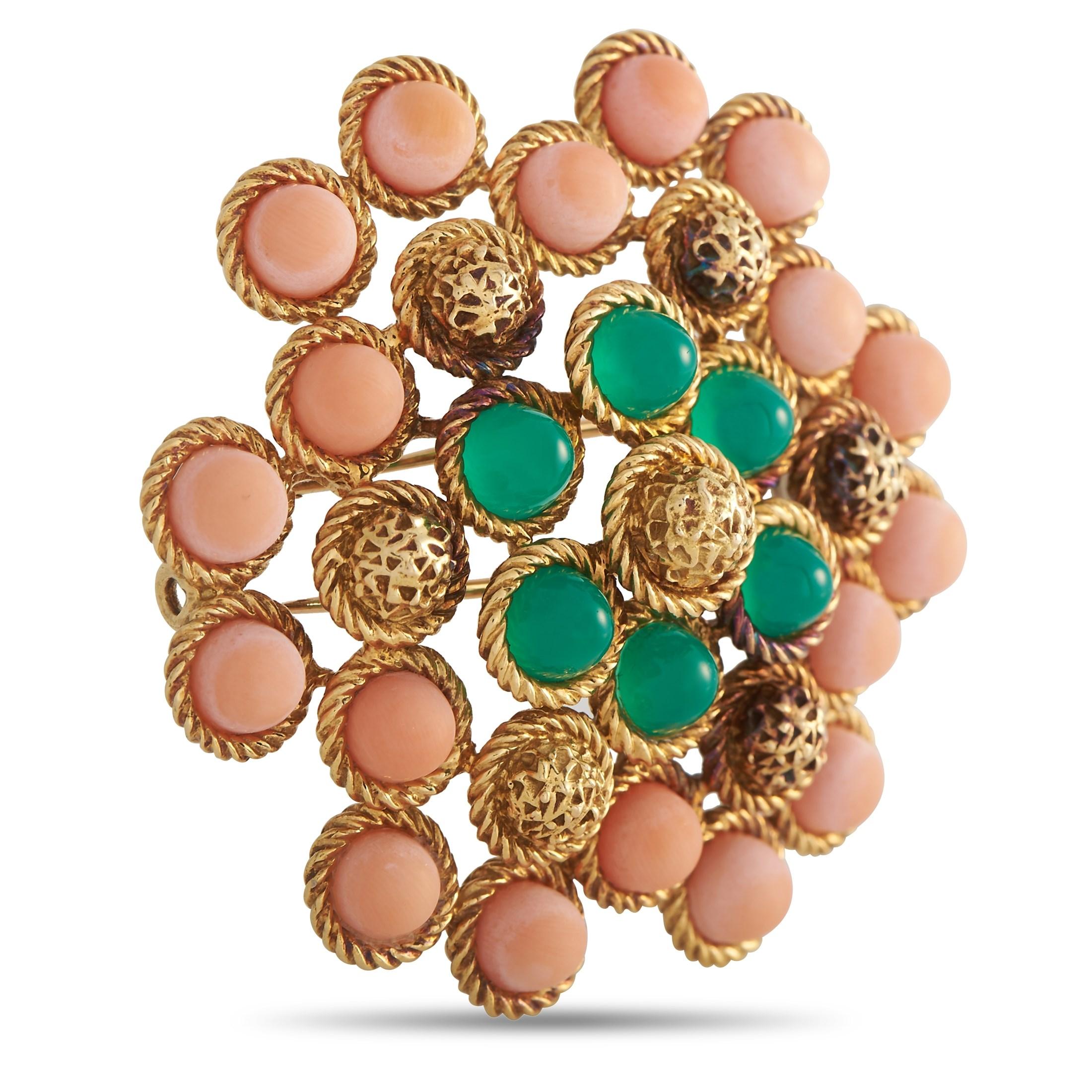 Bold colors and textures come together in perfect harmony on this luxurious vintage Van Cleef & Arpels brooch. Opulent 18K Yellow Gold metalwork provides the perfect foundation for this piece’s stunning arrangement of Coral and Chrysoprase
