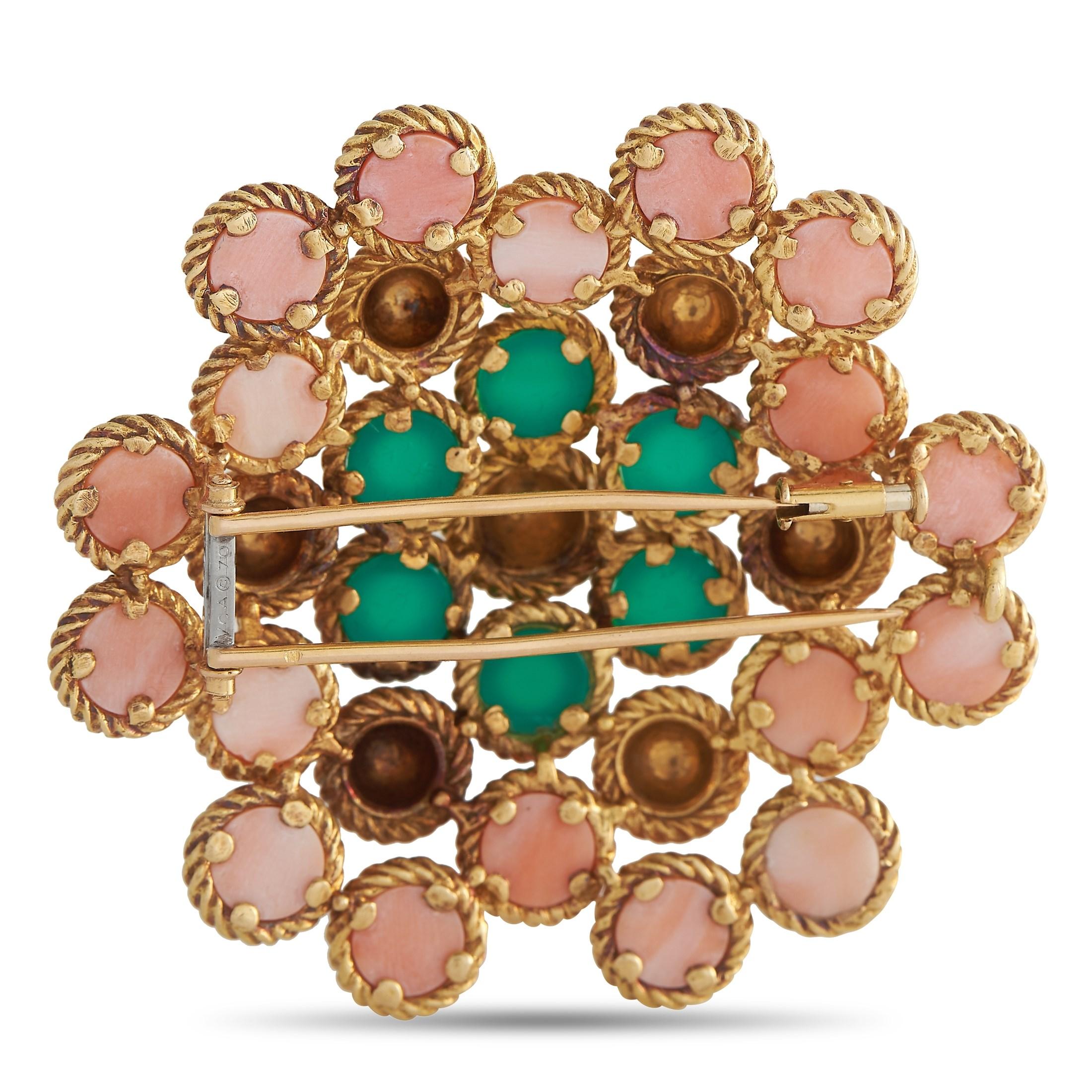 Mixed Cut Van Cleef & Arpels 18K Yellow Gold Coral and Chrysoprase Brooch For Sale