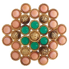 Van Cleef & Arpels 18K Yellow Gold Coral and Chrysoprase Brooch