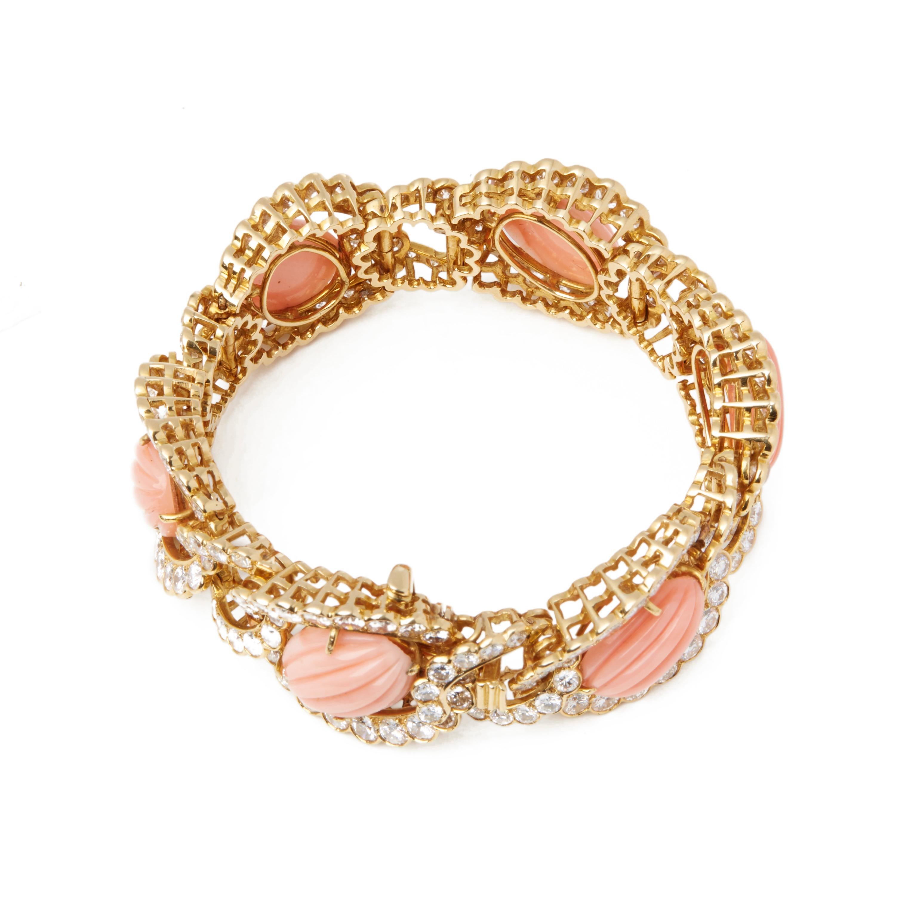 Women's Van Cleef & Arpels 18 Karat Yellow Gold Coral and Diamond Bracelet