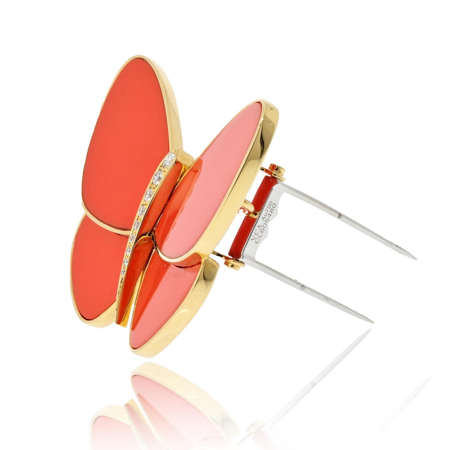 Modern Van Cleef & Arpels 18K Yellow Gold Coral Butterfly Brooch For Sale