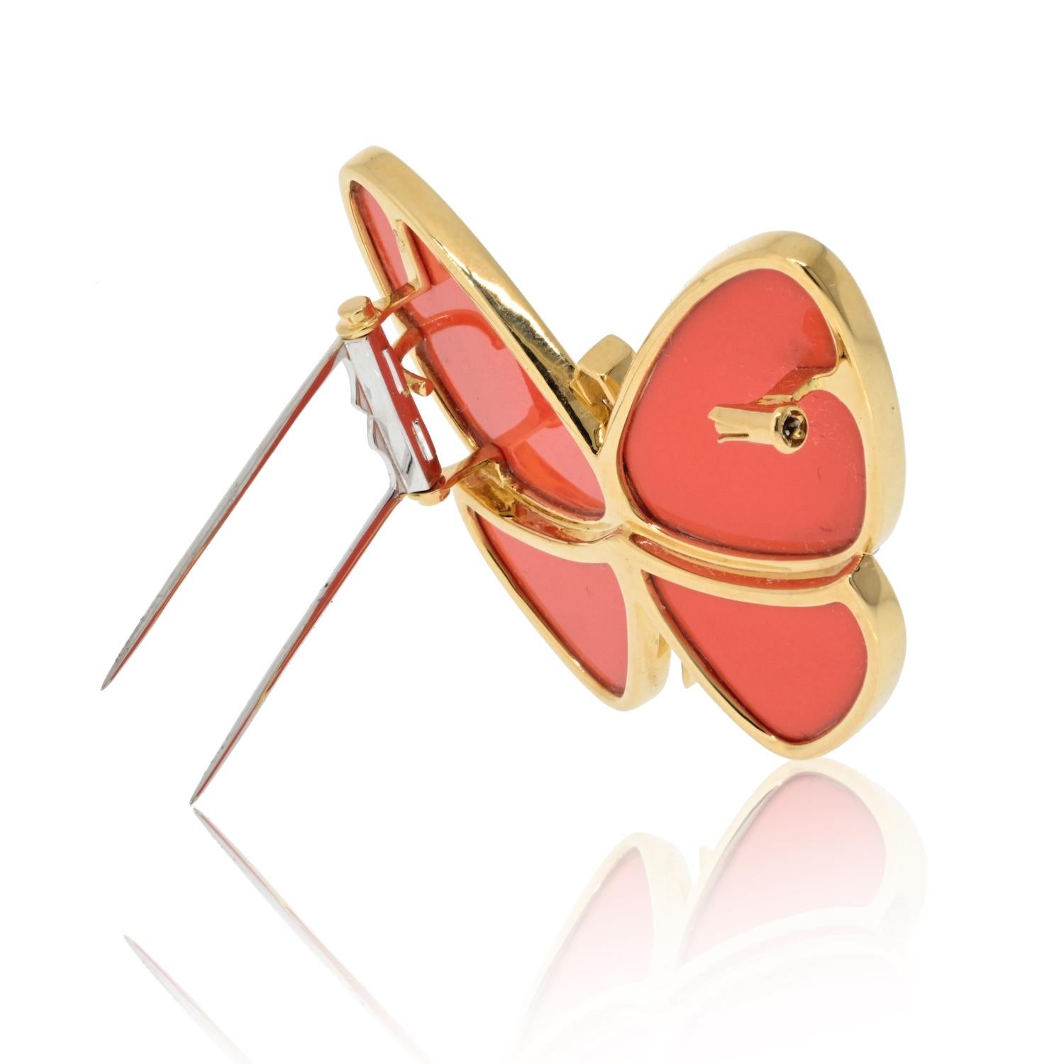 Round Cut Van Cleef & Arpels 18K Yellow Gold Coral Butterfly Brooch For Sale