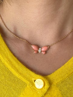 VAN CLEEF & ARPELS 18K Yellow Gold Coral Diamond Butterfly Necklace