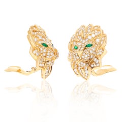 VAN CLEEF & ARPELS 18K Yellow Gold Diamond and Emerald Lion Ear Clips