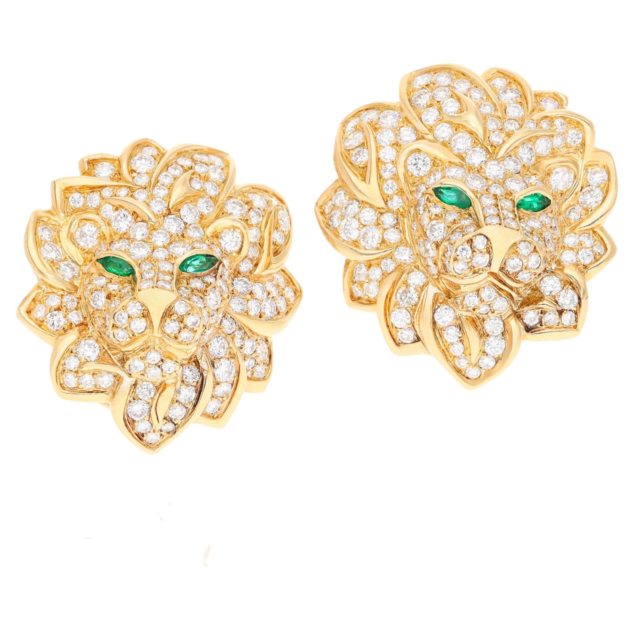 VAN CLEEF & ARPELS 18K Yellow Gold Diamond and Emerald Lion Ear Clips