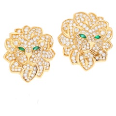 VAN CLEEF & ARPELS 18K Yellow Gold Diamond and Emerald Lion Ear Clips