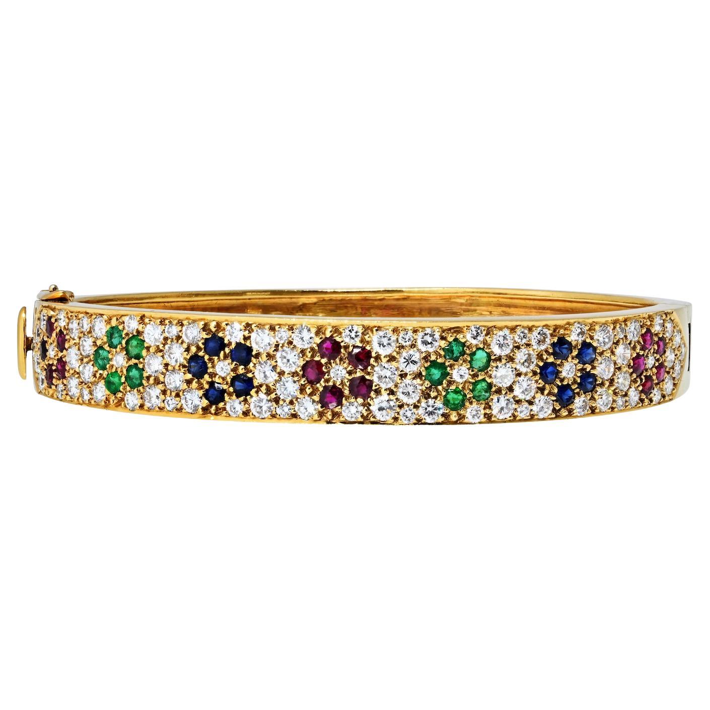 Van Cleef 
Arpels 18K Yellow Gold Diamond And Gemstone Bangle Bracelet For Sale