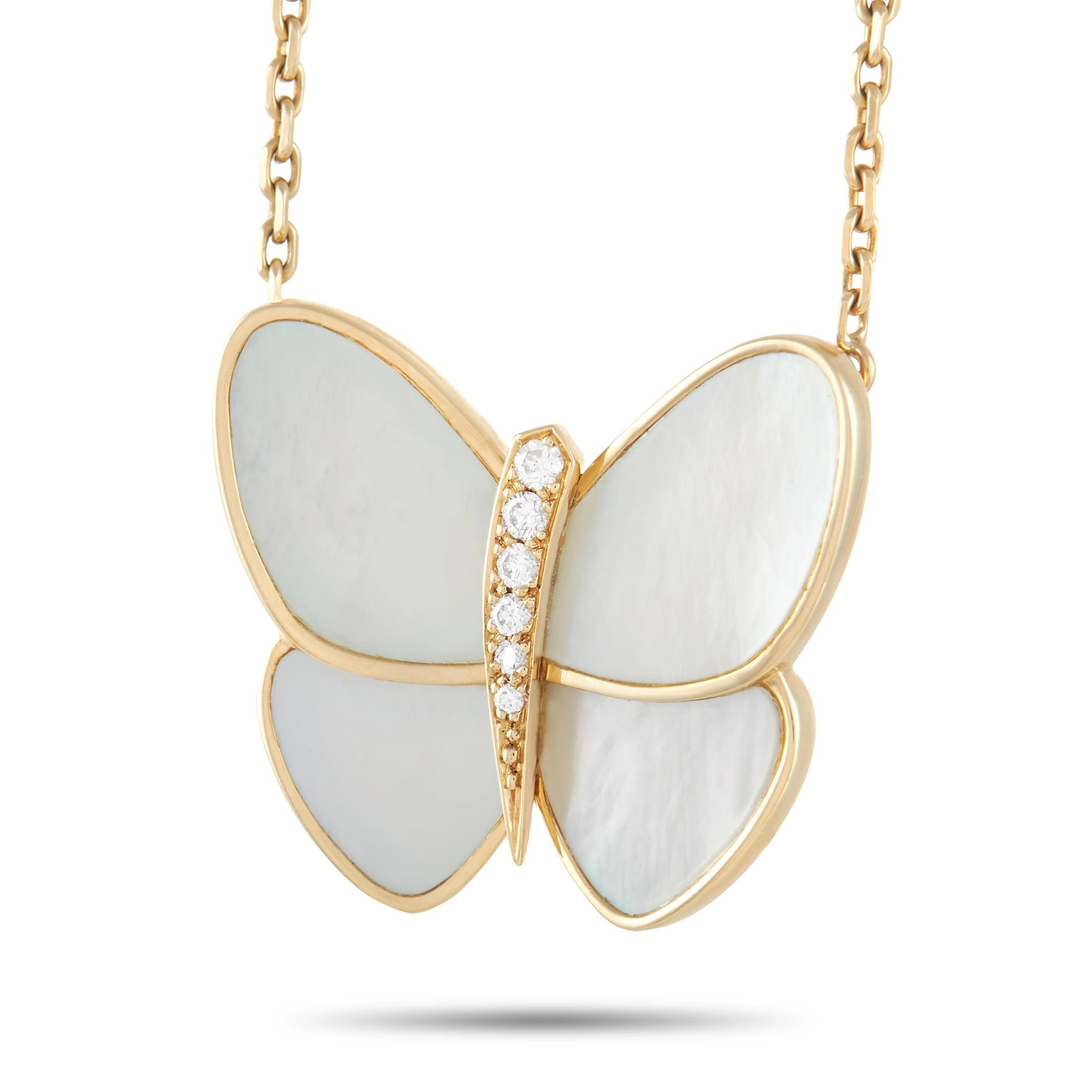 Butterflies have long been a symbol of hope and prosperity. On this elegant pendant necklace from luxury brand Van Cleef & Arpels, this striking symbol gets reinvented using a host of precious materials. Suspended between a 15” chain with lobster