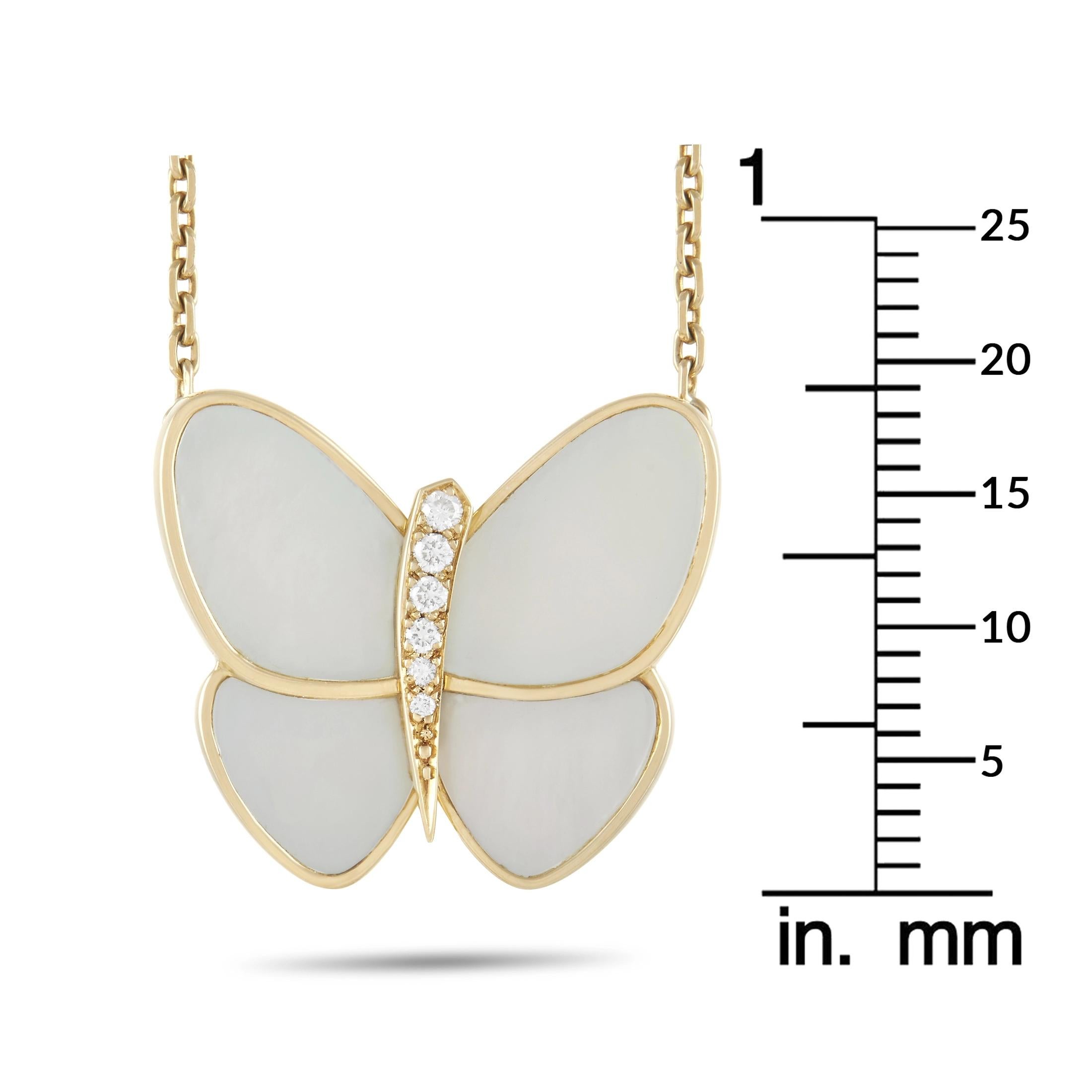 Round Cut Van Cleef & Arpels 18K Yellow Gold Diamond and Mother of Pearl Butterfly Pendant