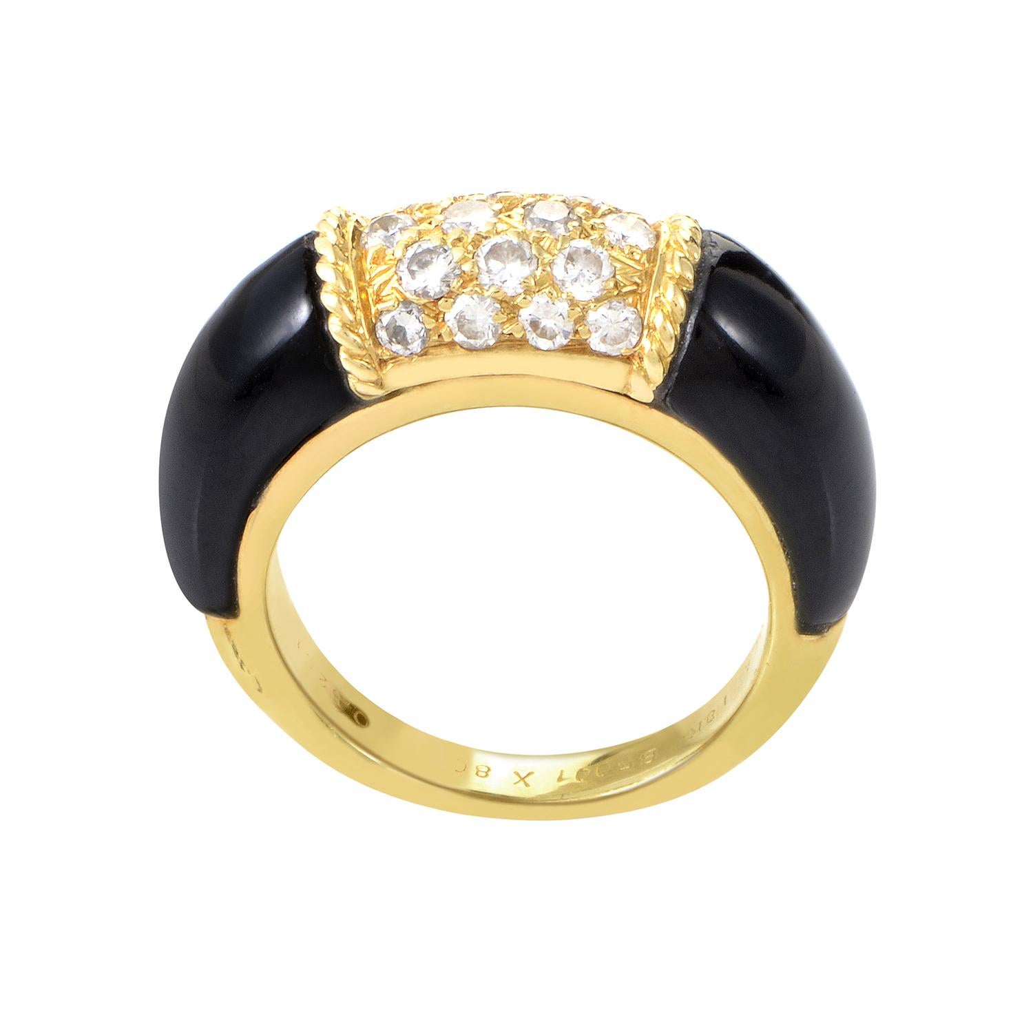 The gorgeous contrast of light and dark is truly divine in this design from Van Cleef & Arpels. The ring is forged from 18K yellow gold and features shanks set with glossy black onyx. Lastly, at the center of the design is a delicate pave of