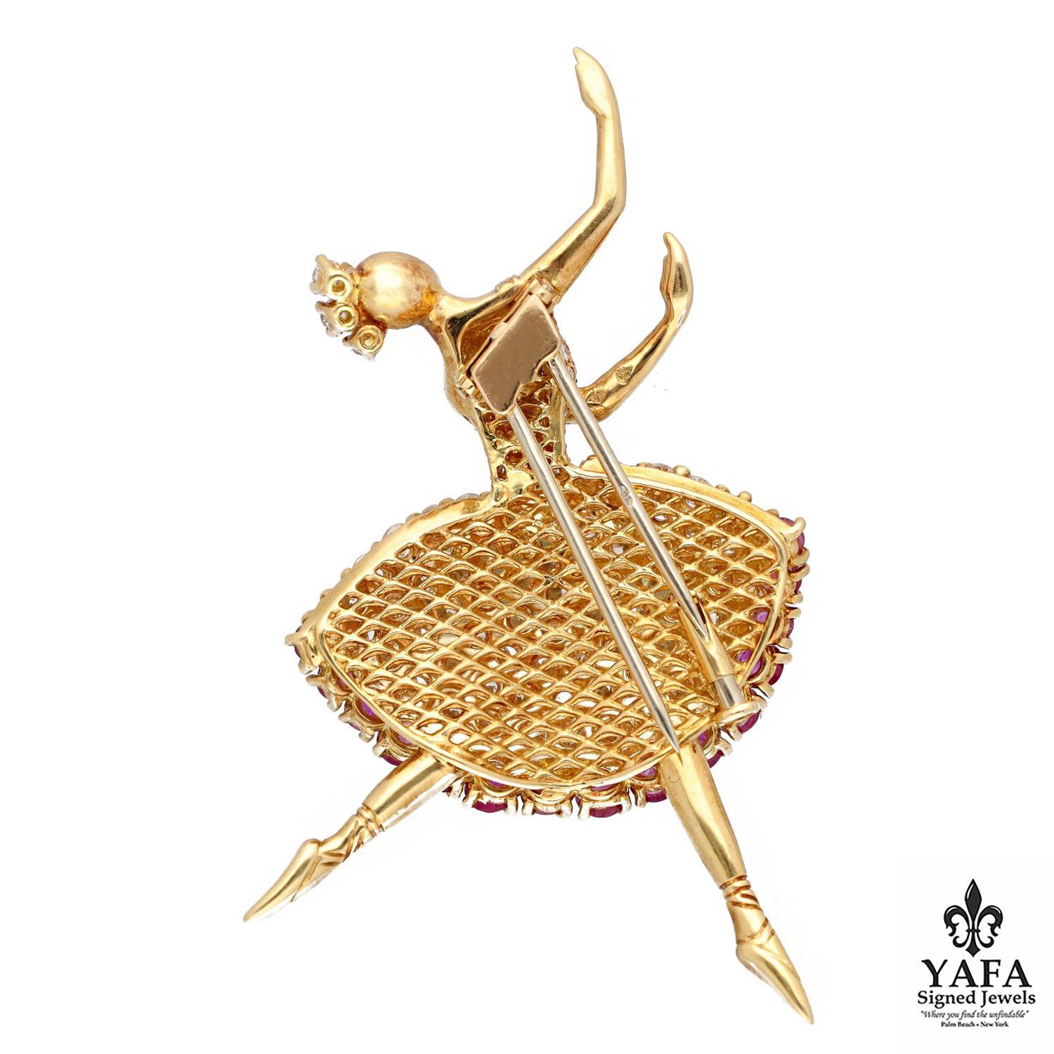 Van Cleef & Arpels 18K Yellow Gold, Diamond and Ruby Ballerina Brooch. Louis Arpels so inspired by his love for classical ballets at the Opera Garnier in Paris is said to have conceived the idea of this now iconic Ballerina collection.
Total Diamond