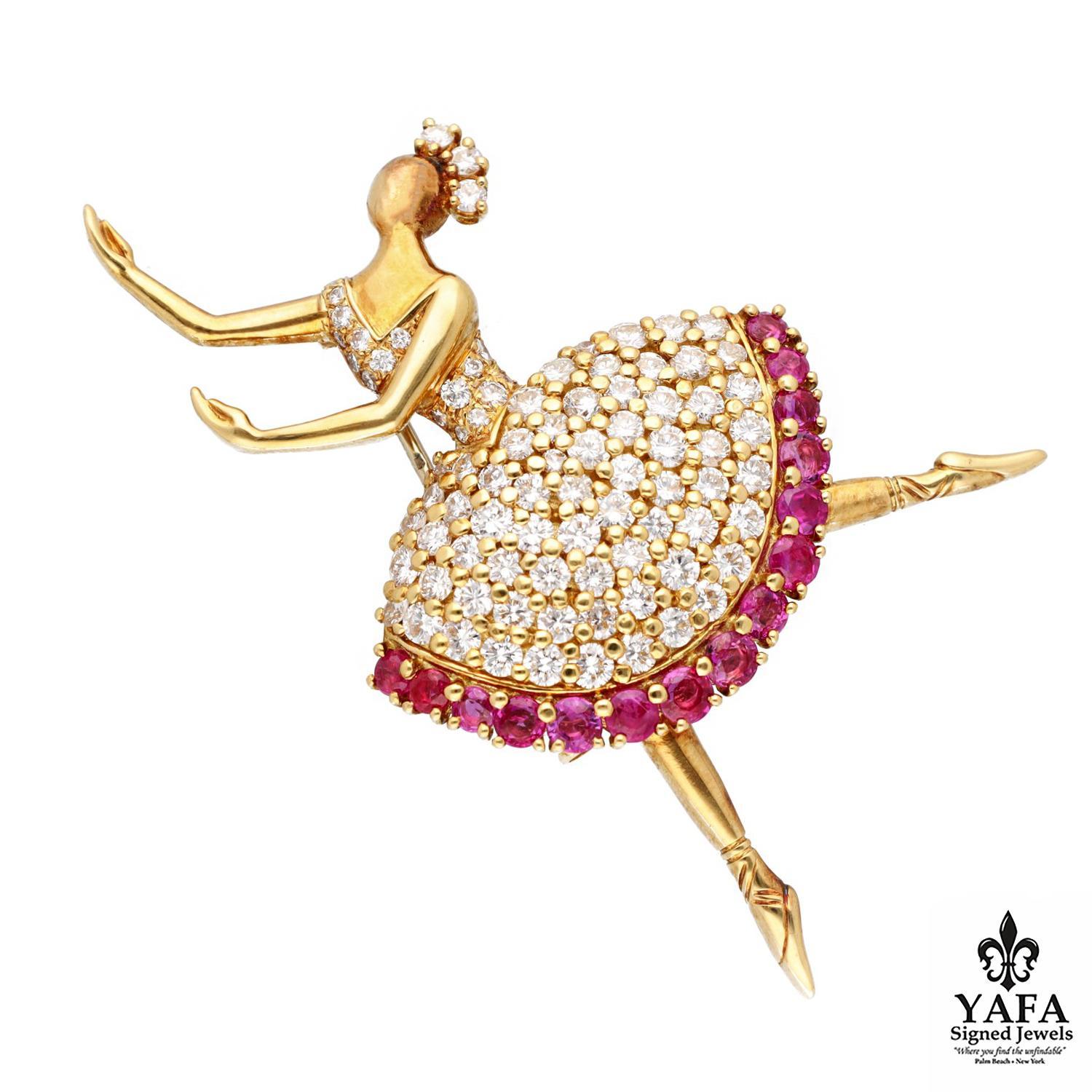 Round Cut Van Cleef & Arpels 18K Yellow Gold, Diamond and Ruby Ballerina Brooch For Sale