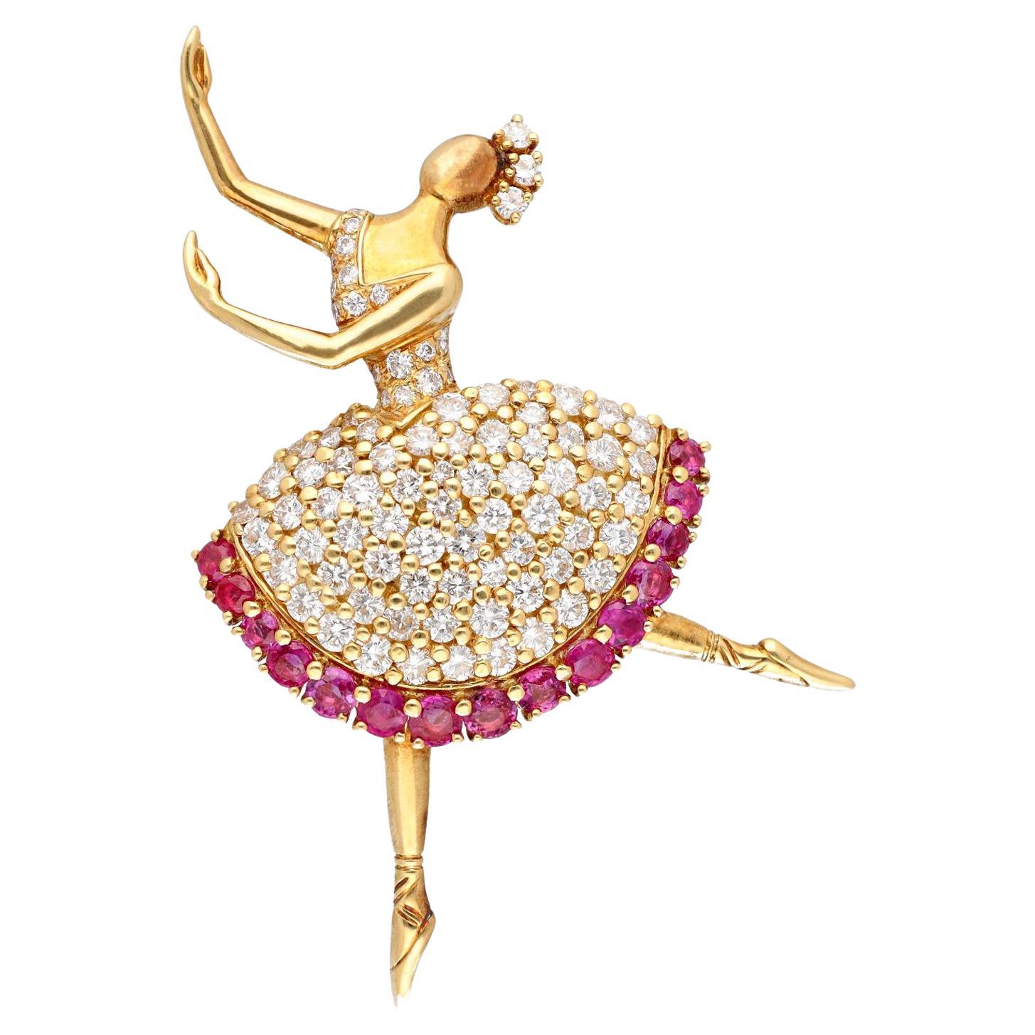 Van Cleef & Arpels 18K Yellow Gold, Diamond and Ruby Ballerina Brooch For Sale