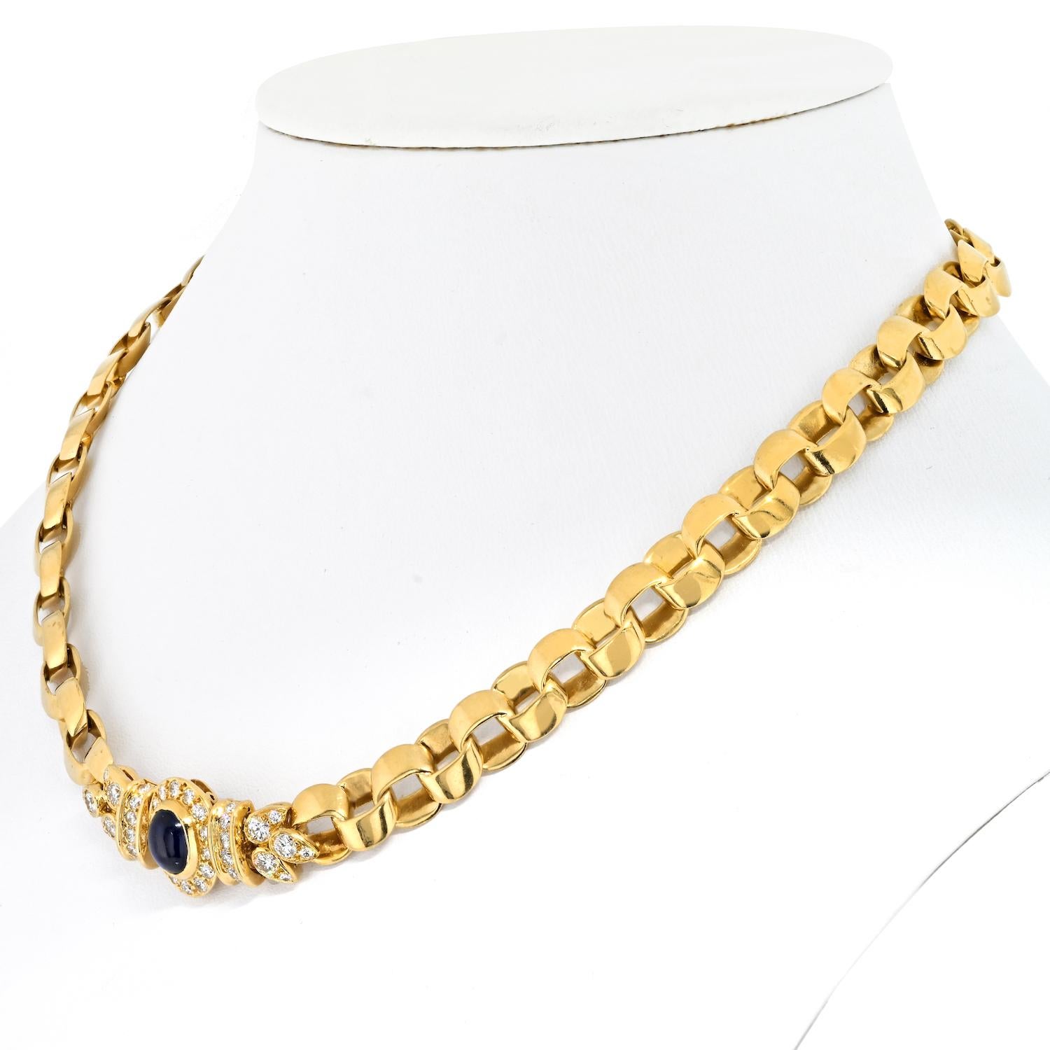 Modern Van Cleef & Arpels 18k Yellow Gold Diamond and Sapphire Curb Link Chain Necklace