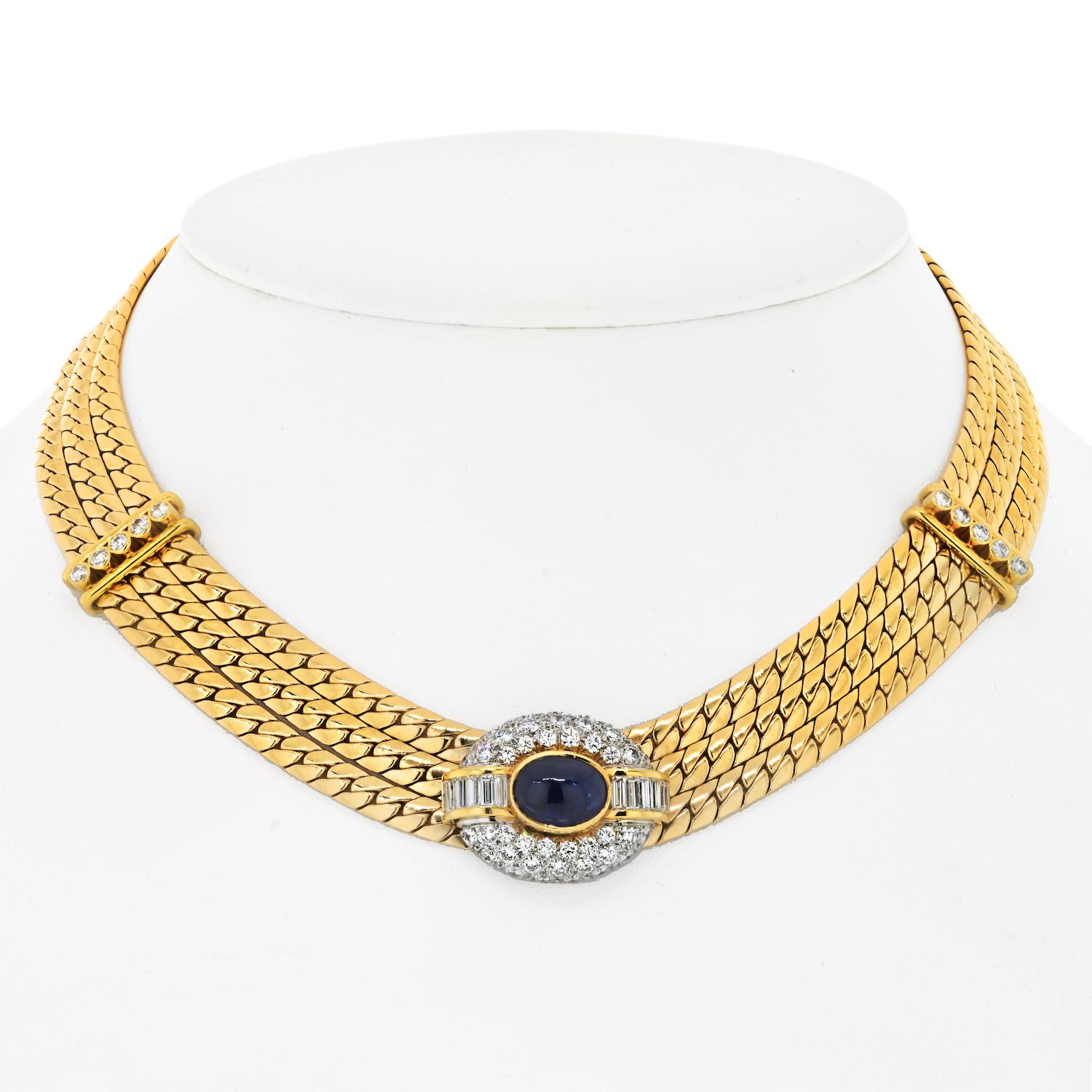 The Van Cleef & Arpels cabochon sapphire and diamond necklace is a masterpiece of luxury and sophistication. Composed of three strands of flat-links, this necklace exudes timeless elegance. At the center of the necklace, a slide pendant takes the