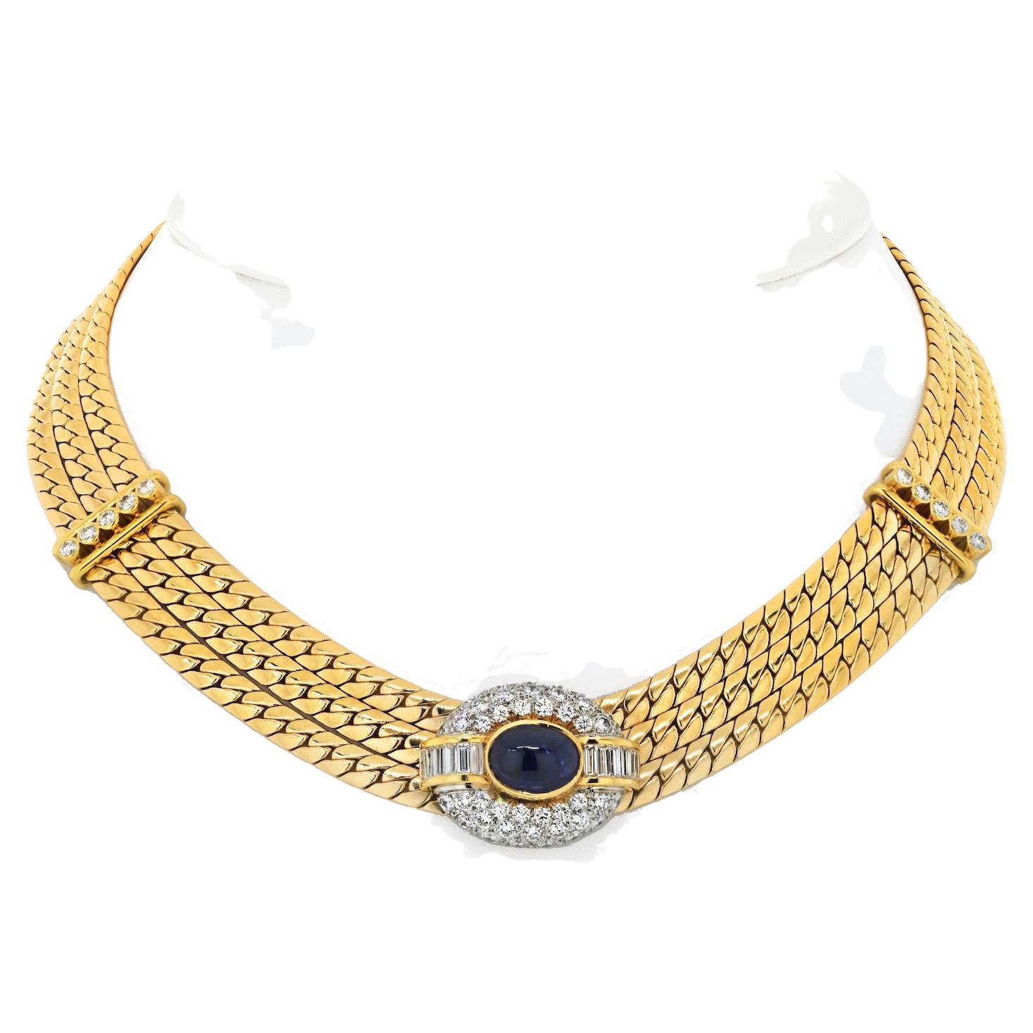 Van Cleef & Arpels Dreireihige Halskette aus 18 Karat Gelbgold mit Diamanten und Saphiren
