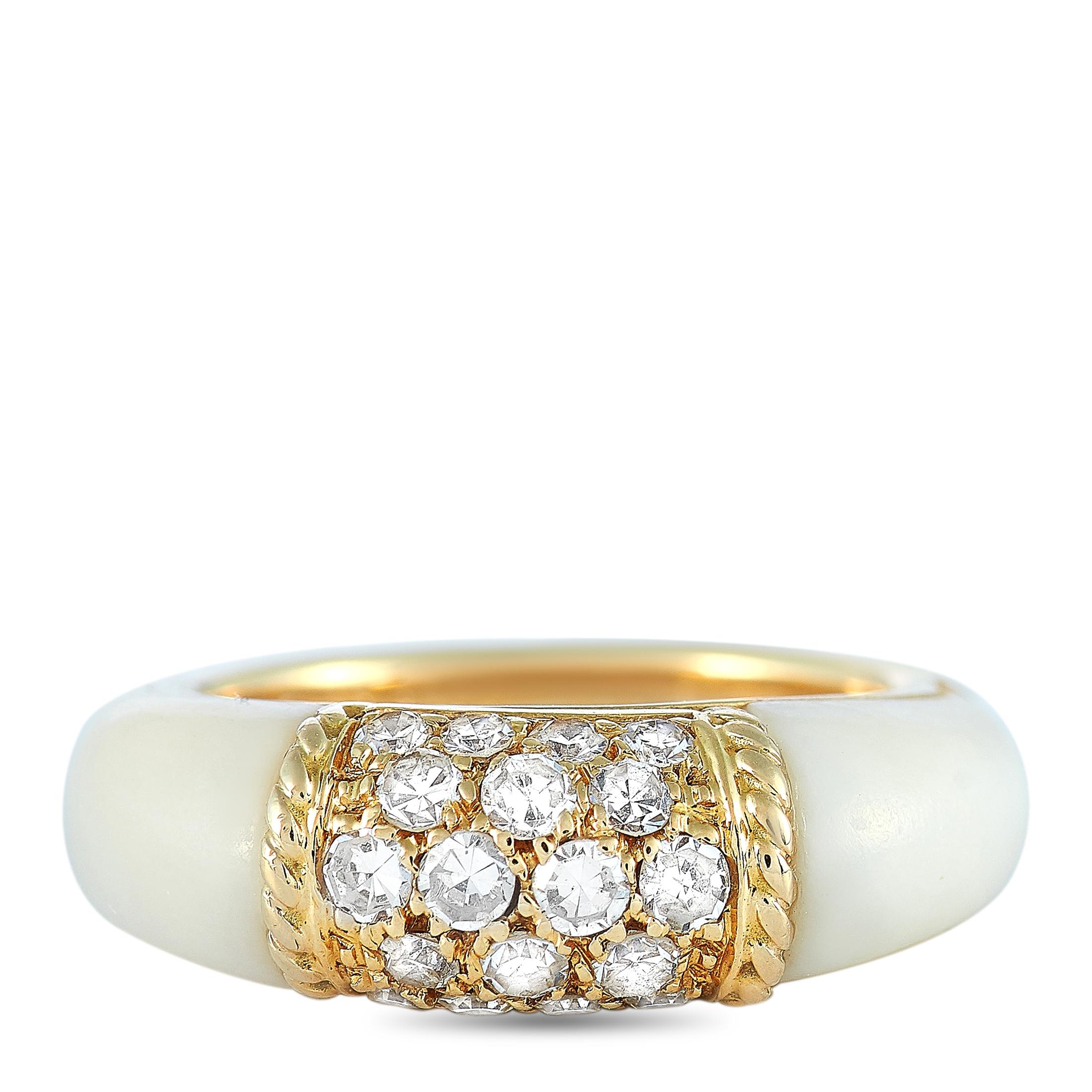Round Cut Van Cleef & Arpels 18 Karat Yellow Gold Diamond and White Coral Philippine Ring