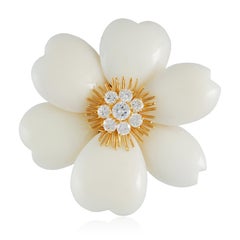 VAN CLEEF & ARPELS 18K Yellow Gold Diamond and White Coral Rose de Noël Brooch