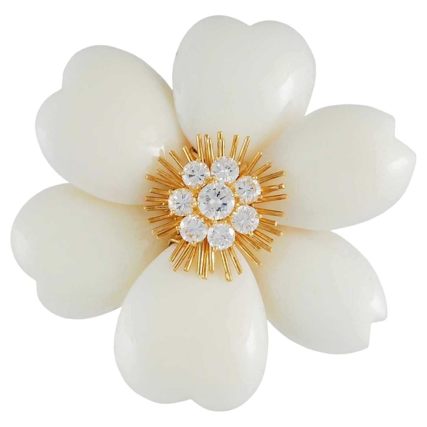 VAN CLEEF & ARPELS 18K Yellow Gold Diamond and White Coral Rose de Noël Brooch