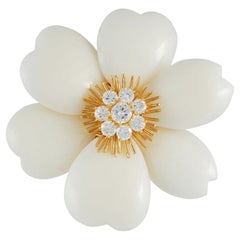 VAN CLEEF & ARPELS 18K Yellow Gold Diamond and White Coral Rose de Noël Brooch