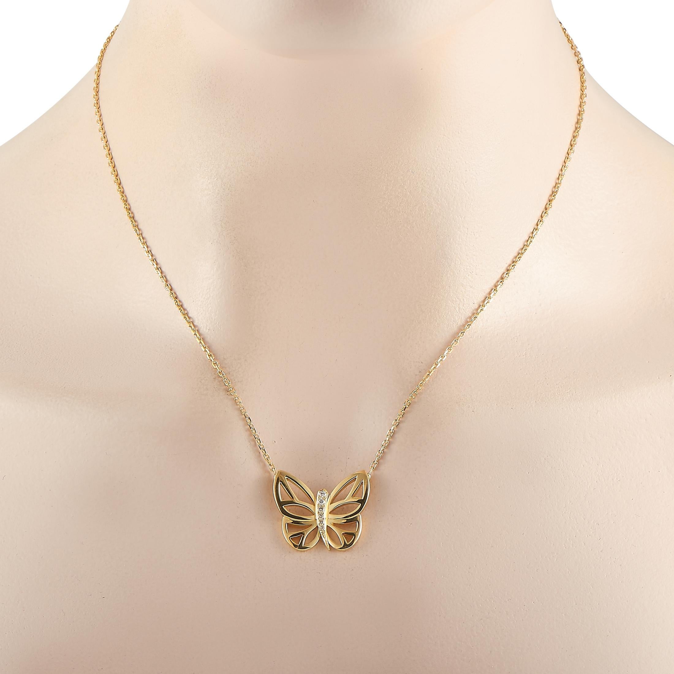 This Van Cleef & Arpels necklace is made of 18K yellow gold and embellished with diamonds. The necklace weighs 9.6 grams and boasts a 17” chain and a butterfly pendant that measures 0.75” in length and 1” in width.
 
 Offered in estate condition,