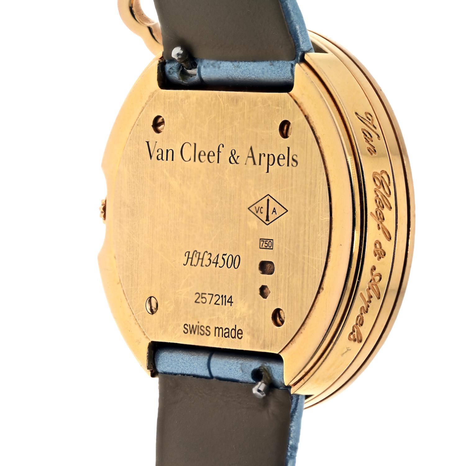 Women's Van Cleef & Arpels 18K Yellow Gold Diamond Charm and Blue Alligator Watch For Sale