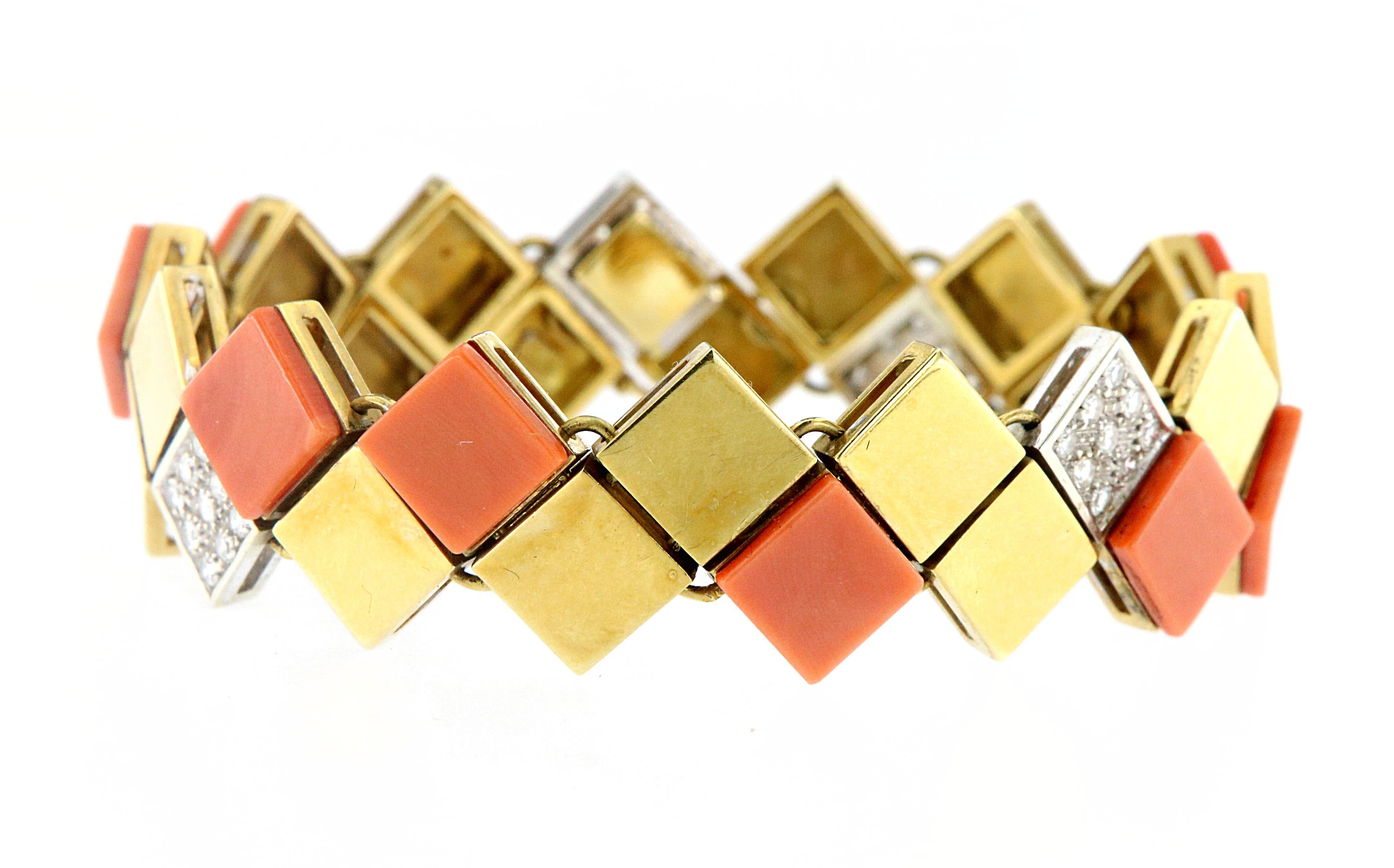 Offered here is an authentic Van Cleef & Arpels 18k yellow gold vintage coral and diamond square links bracelet. Signed and numbered by Van Cleef & Arpels. Weighing 42.90grams.
four of the square links are white gold bead set with a total of 35