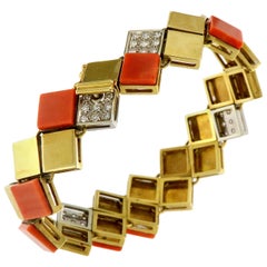 Van Cleef & Arpels 18k Yellow Gold Diamond Coral Square Links Bracelet