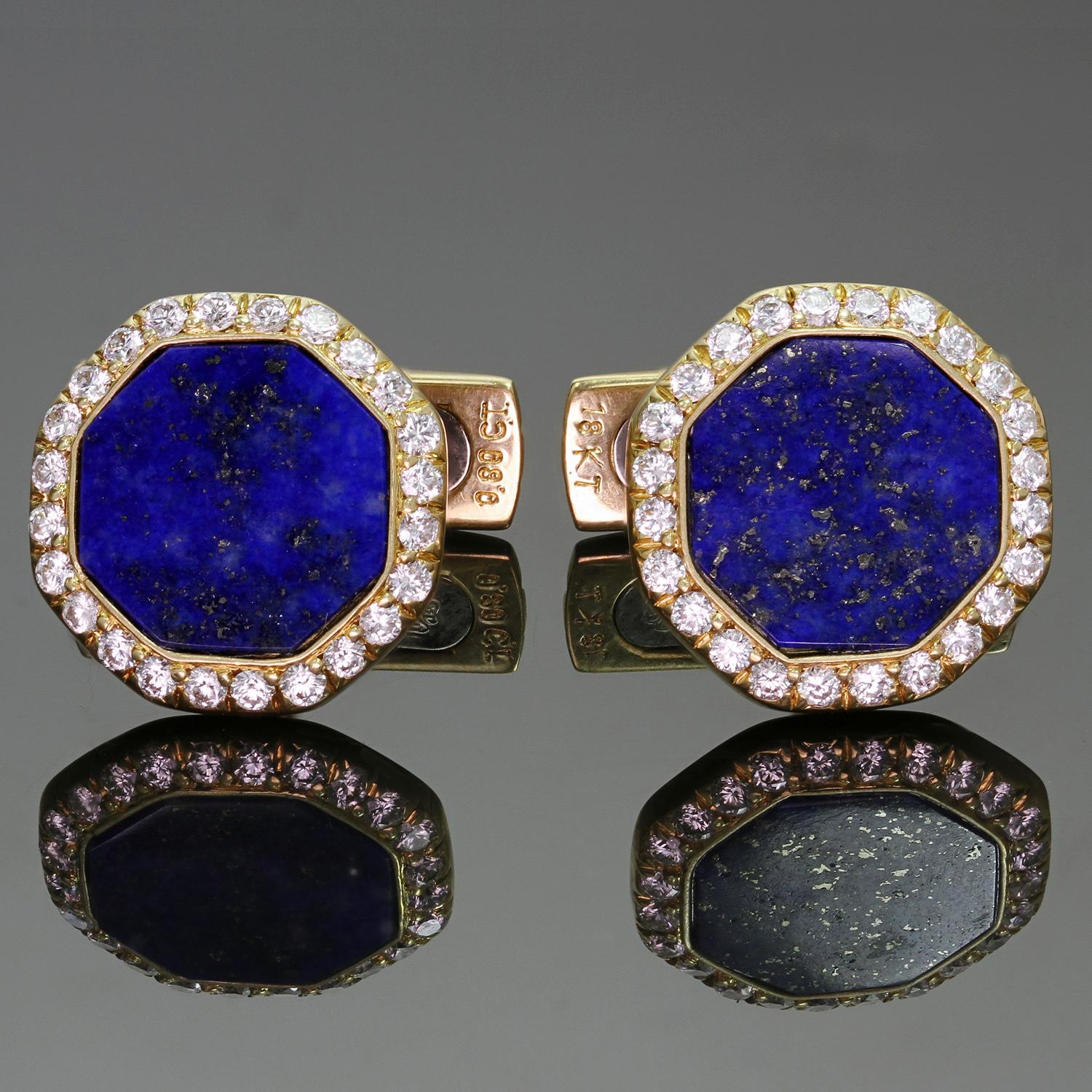 These stunning Van Cleef & Arpels cufflinks features an octagonal shape crafted in 18k yellow gold and set with octagon-shaped lapis lazuli gemstones surrounded by brilliant-cut round D-E-F VVS1-VVS2 diamonds weighing an estimated 0.80 carats. Made