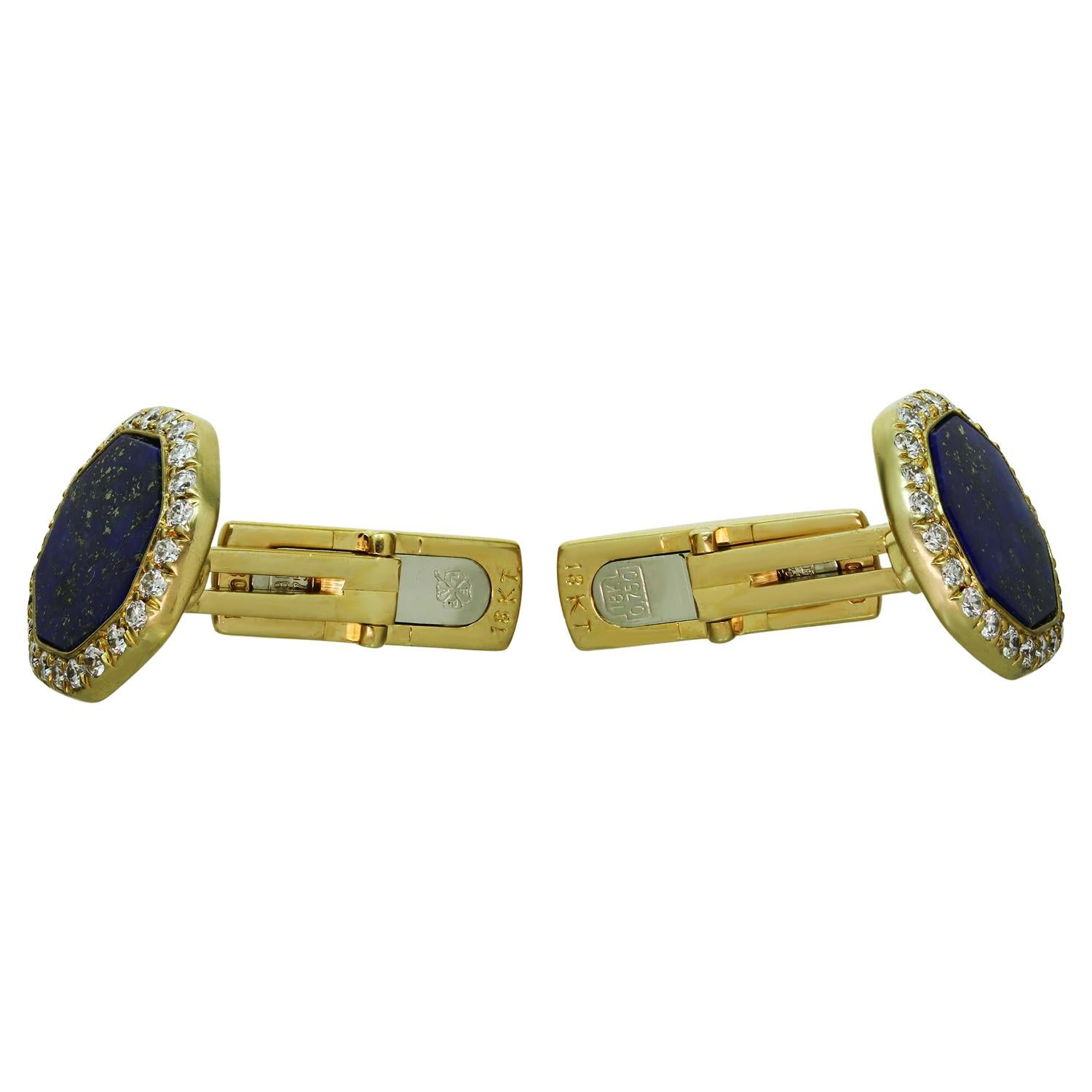 Brilliant Cut Van Cleef & Arpels 18k Yellow Gold Diamond Lapis Lazuli Cufflinks