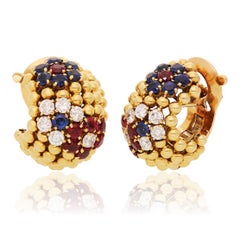 VAN CLEEF & ARPELS 18K Yellow Gold Diamond, Ruby and Sapphire Couscous Ear Clips