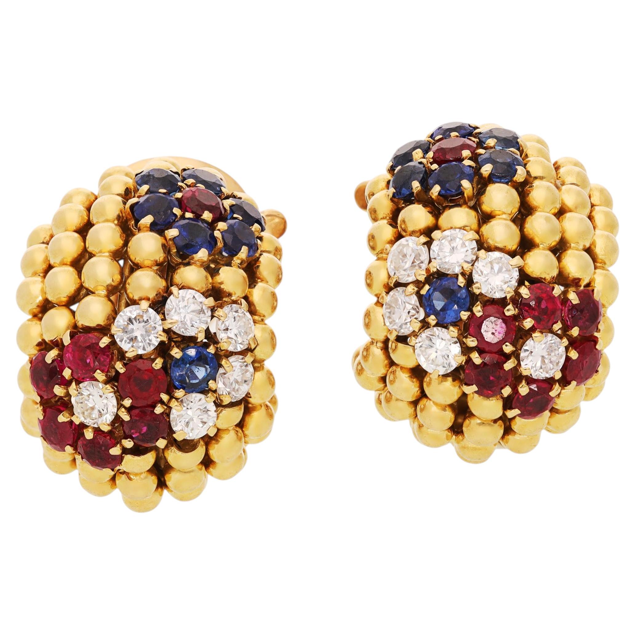 VAN CLEEF & ARPELS 18K Yellow Gold Diamond, Ruby and Sapphire Couscous Ear Clips