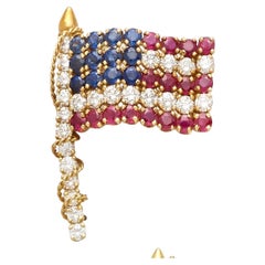 Van Cleef & Arpels 18k Yellow Gold Diamond, Ruby, Sapphire American Flag Brooch