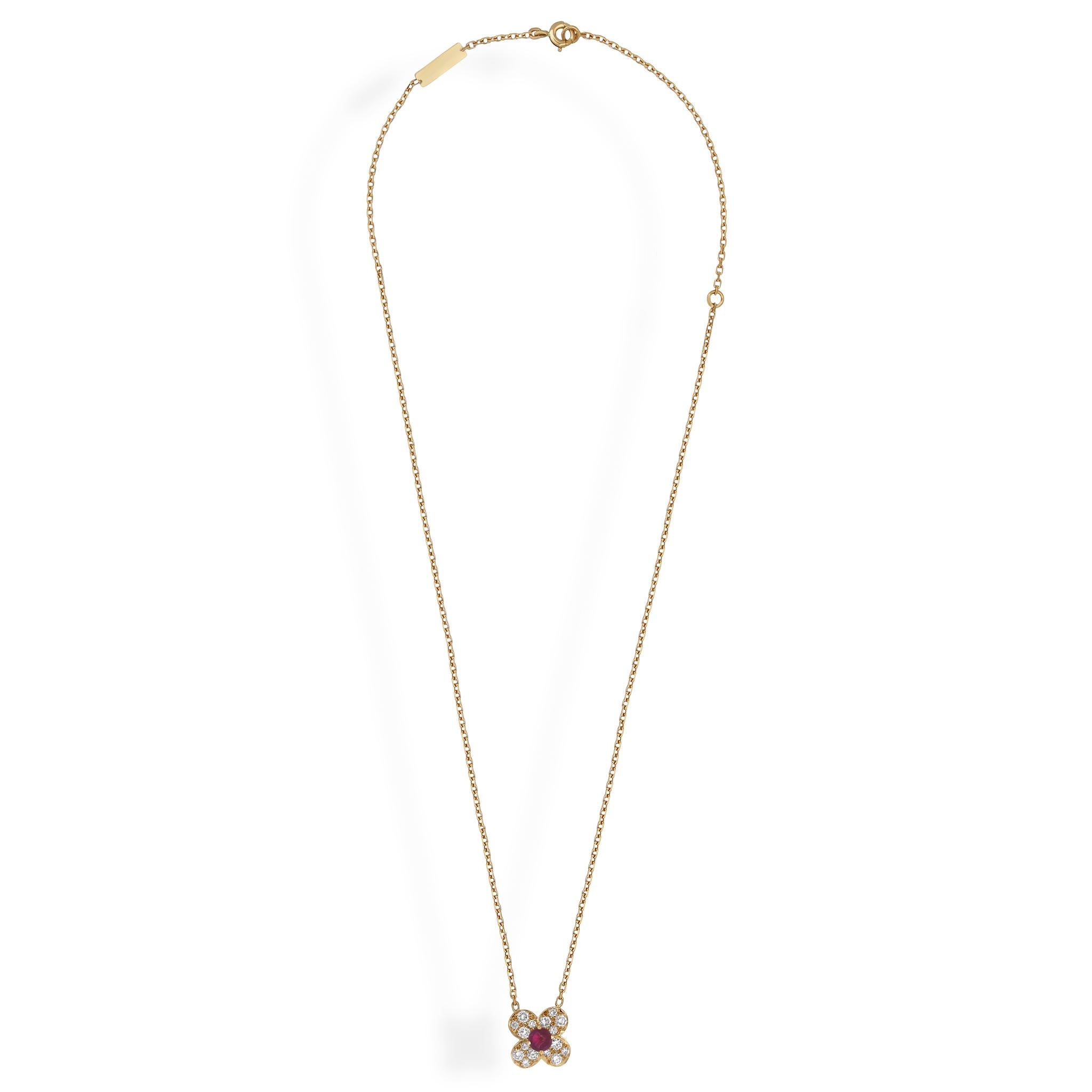 Women's Van Cleef & Arpels 18 Karat Yellow Gold Diamond and Ruby Trefle Necklace