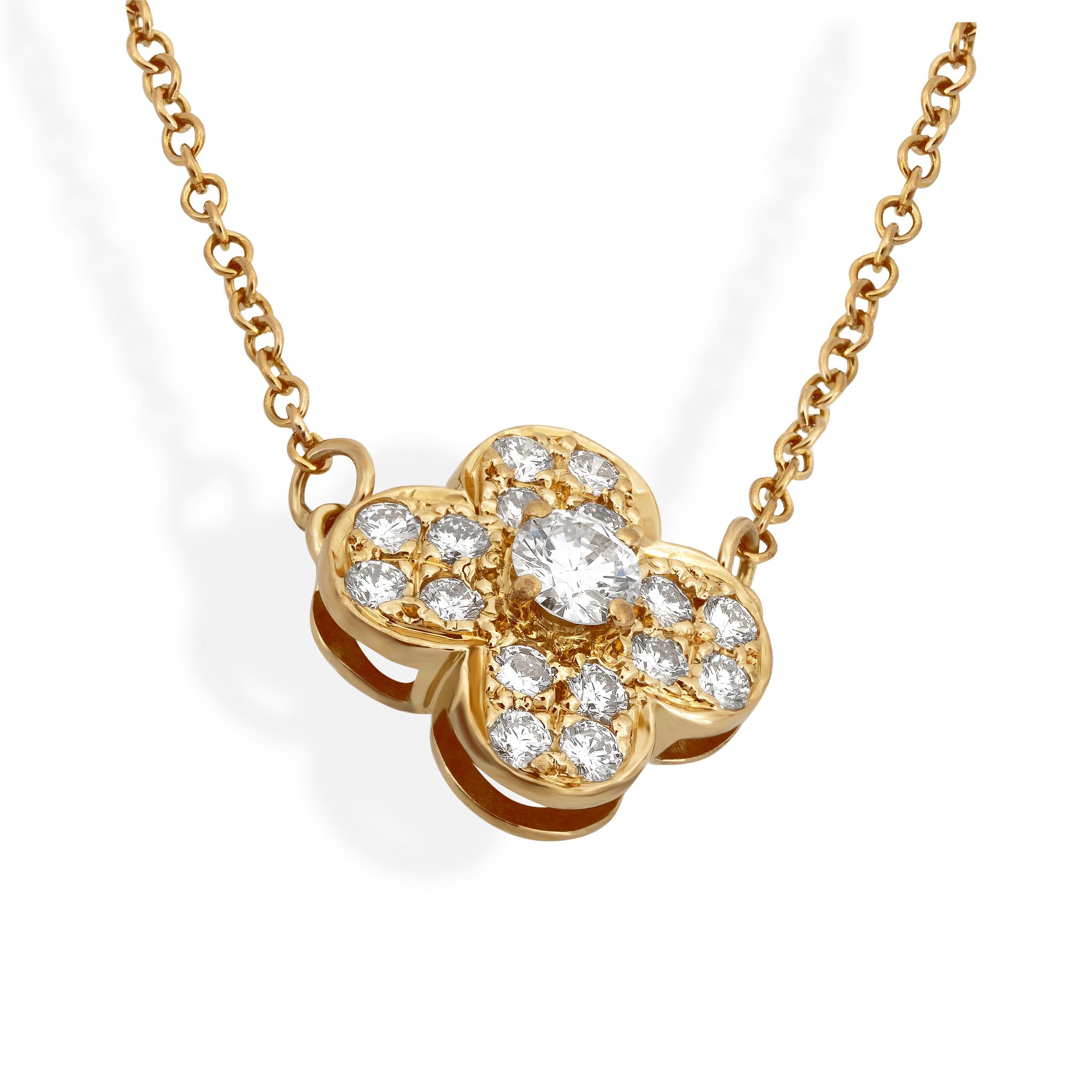 Women's Van Cleef & Arpels 18 Karat Yellow Gold Diamond Trefle Necklace