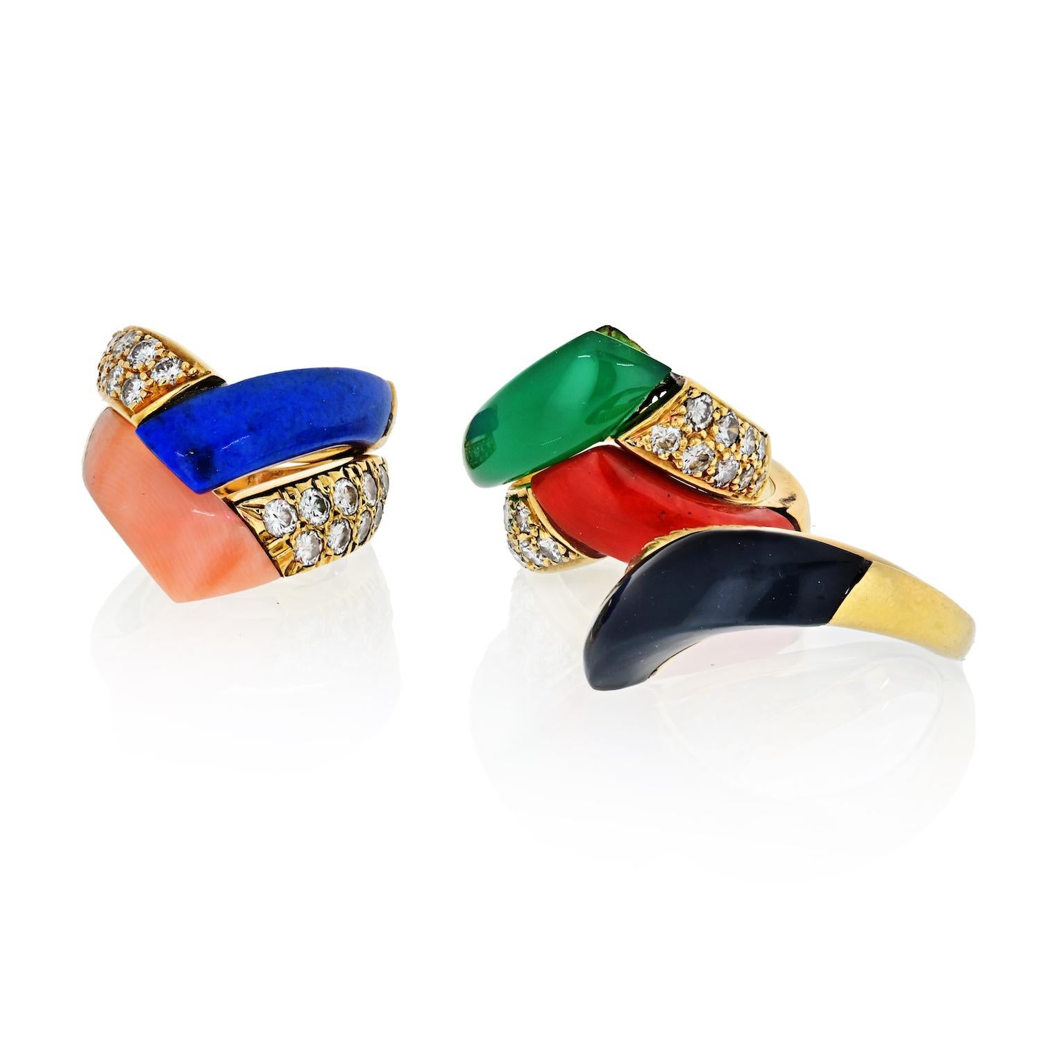 Van Cleef & Arpels 18K Yellow Gold Diamonds Multicolor Gem Stack Ring.

Crafted in 18K gold; set with round brilliant-cut diamonds, weighing a total of approximately 0.35cts in each ring.
Scratches to the gold surface. Otherwise in excellent