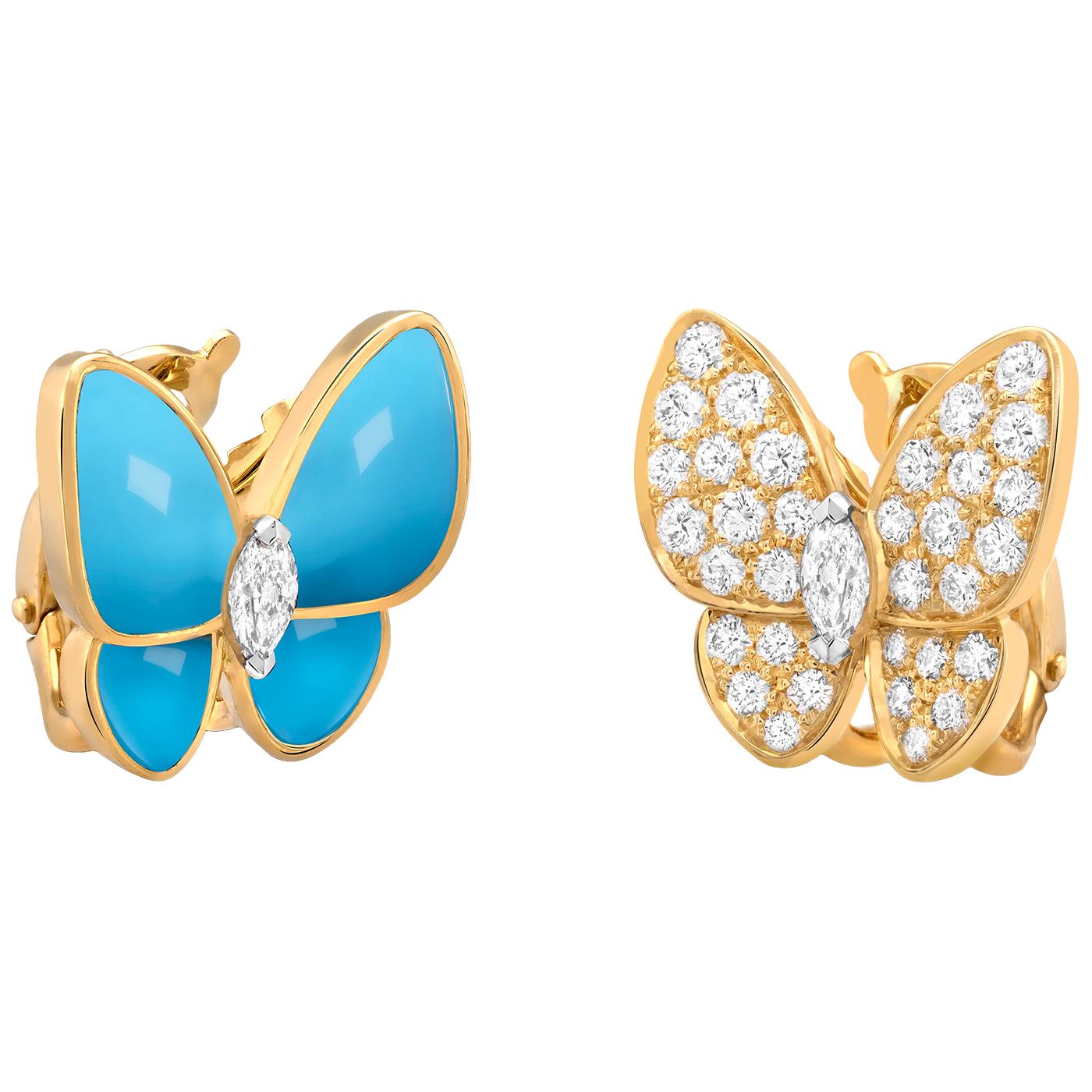 Two Butterfly earrings, 18K yellow gold, turquoise, round diamonds, rhodium plated 18K white gold, marquise-cut diamonds; diamond quality DEF, IF to VVS.

Details:
Brand: Van Cleef & Arpels
Model: VCARP7US00
Style: Two Butterfly Earrings
Diamond