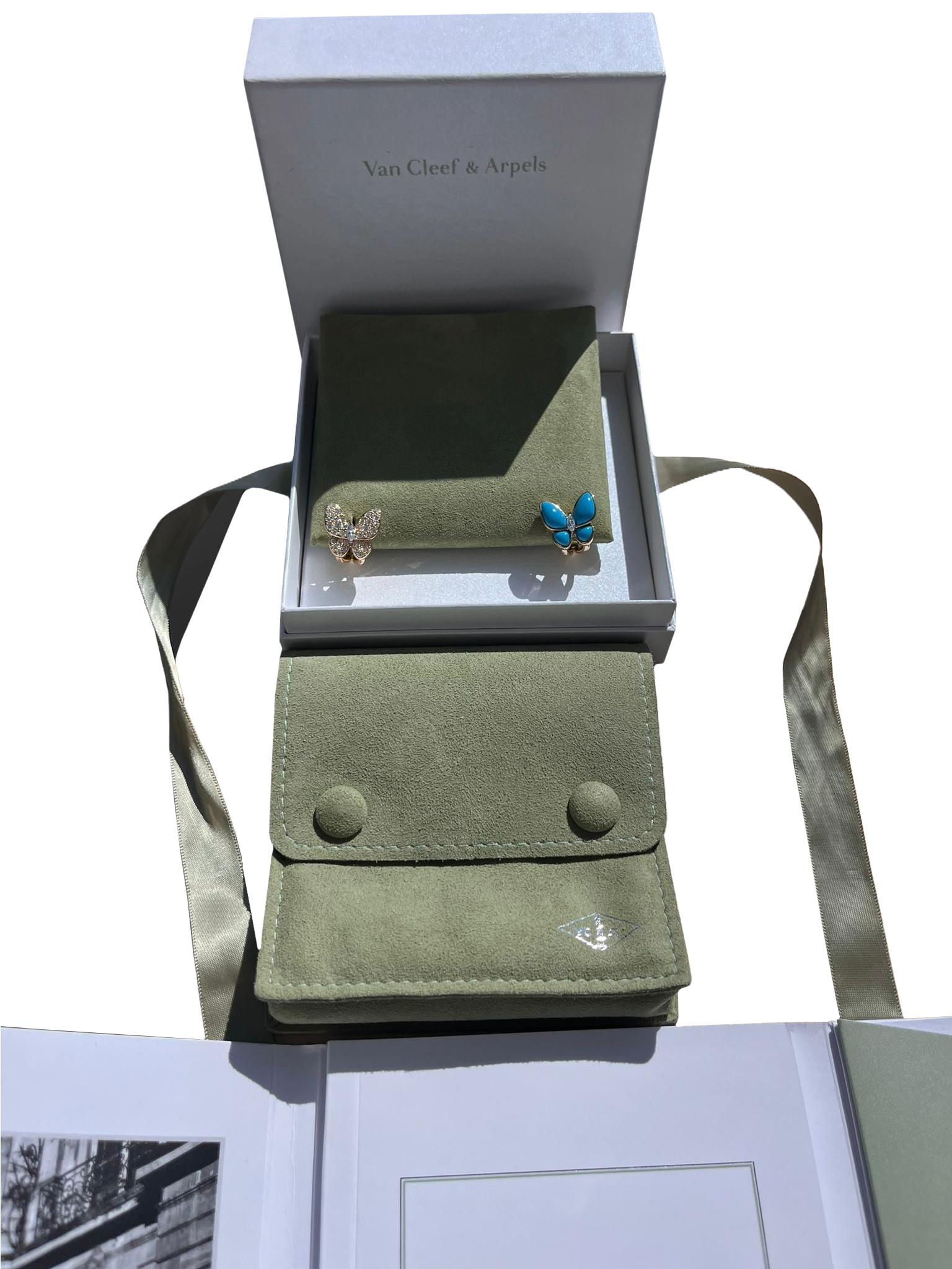 Van Cleef & Arpels 18K Yellow Gold Diamonds Turquoise Two Butterfly Earrings In Excellent Condition For Sale In Aventura, FL