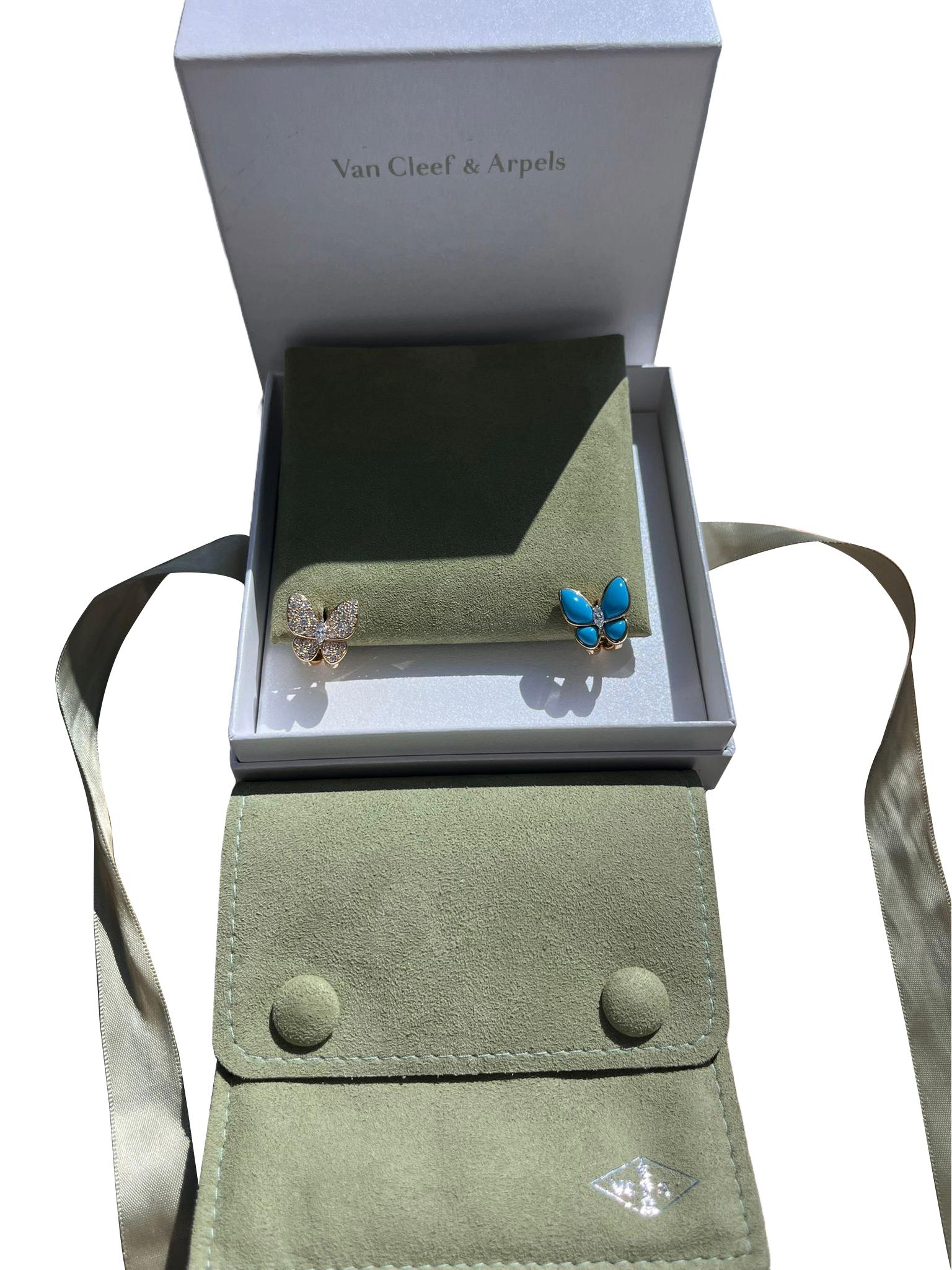 Women's Van Cleef & Arpels 18K Yellow Gold Diamonds Turquoise Two Butterfly Earrings For Sale