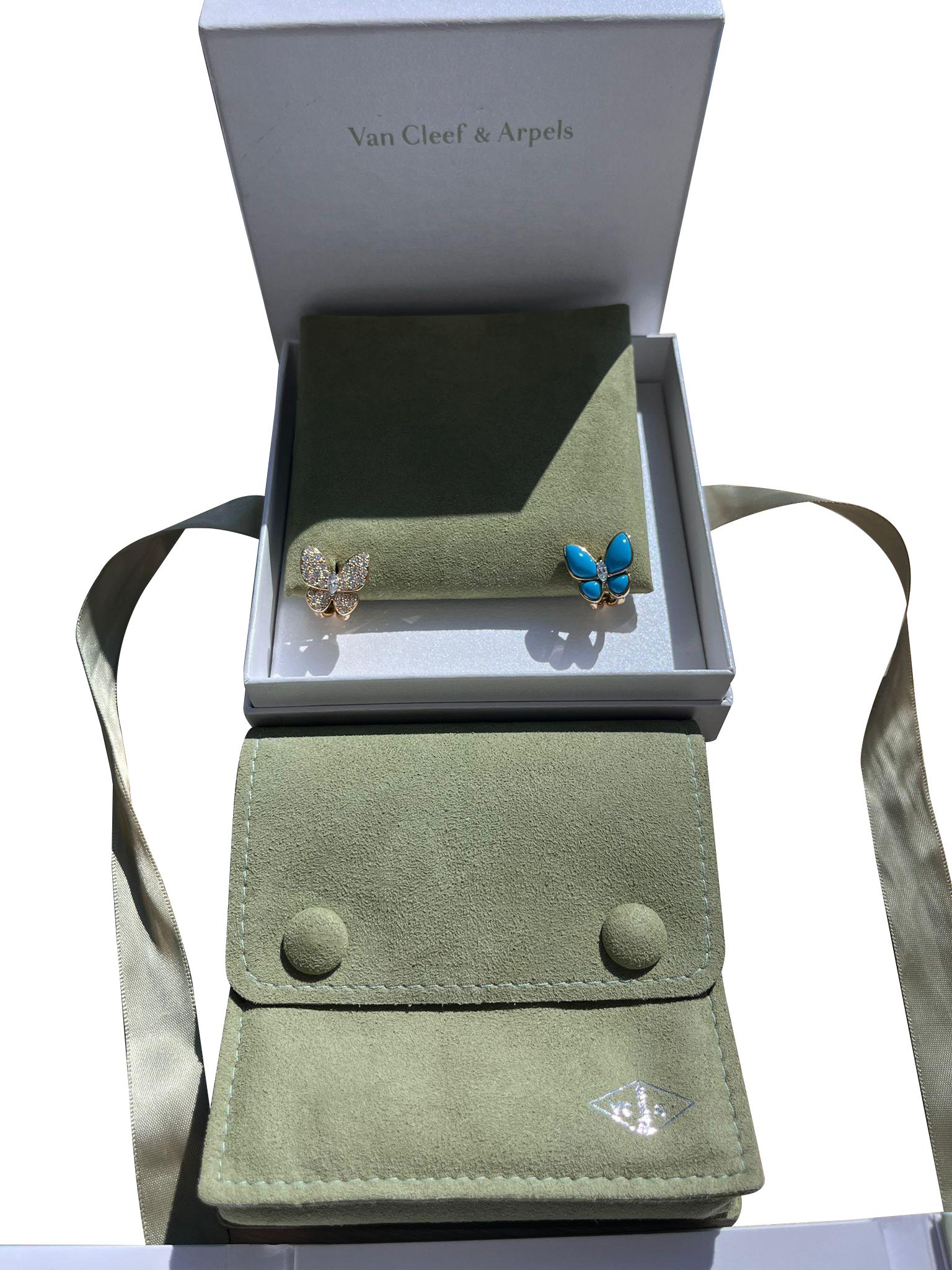 Van Cleef & Arpels 18K Yellow Gold Diamonds Turquoise Two Butterfly Earrings For Sale 1