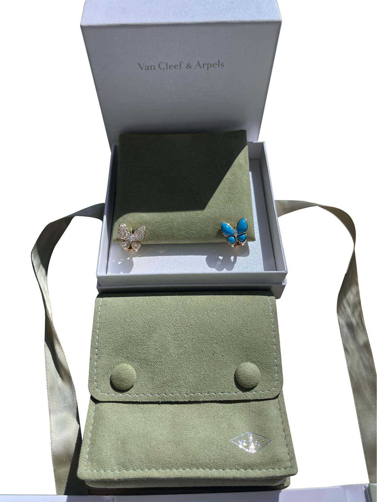 Van Cleef & Arpels 18K Yellow Gold Diamonds Turquoise Two Butterfly Earrings For Sale 2